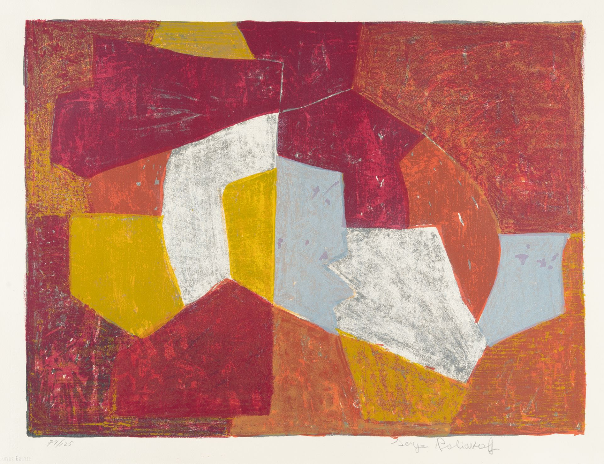 Serge Poliakoff, Composition carmin, brune, jaune et grise.Lithograph in colours on wove von BFK