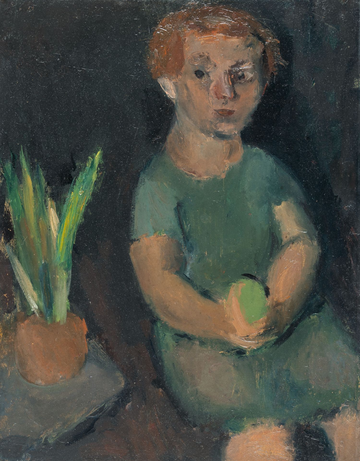 Georgios Bouzianis (Jorgo(S) Busianis), Seated boy with a ball and a plant.Oil on thin cardboard. (