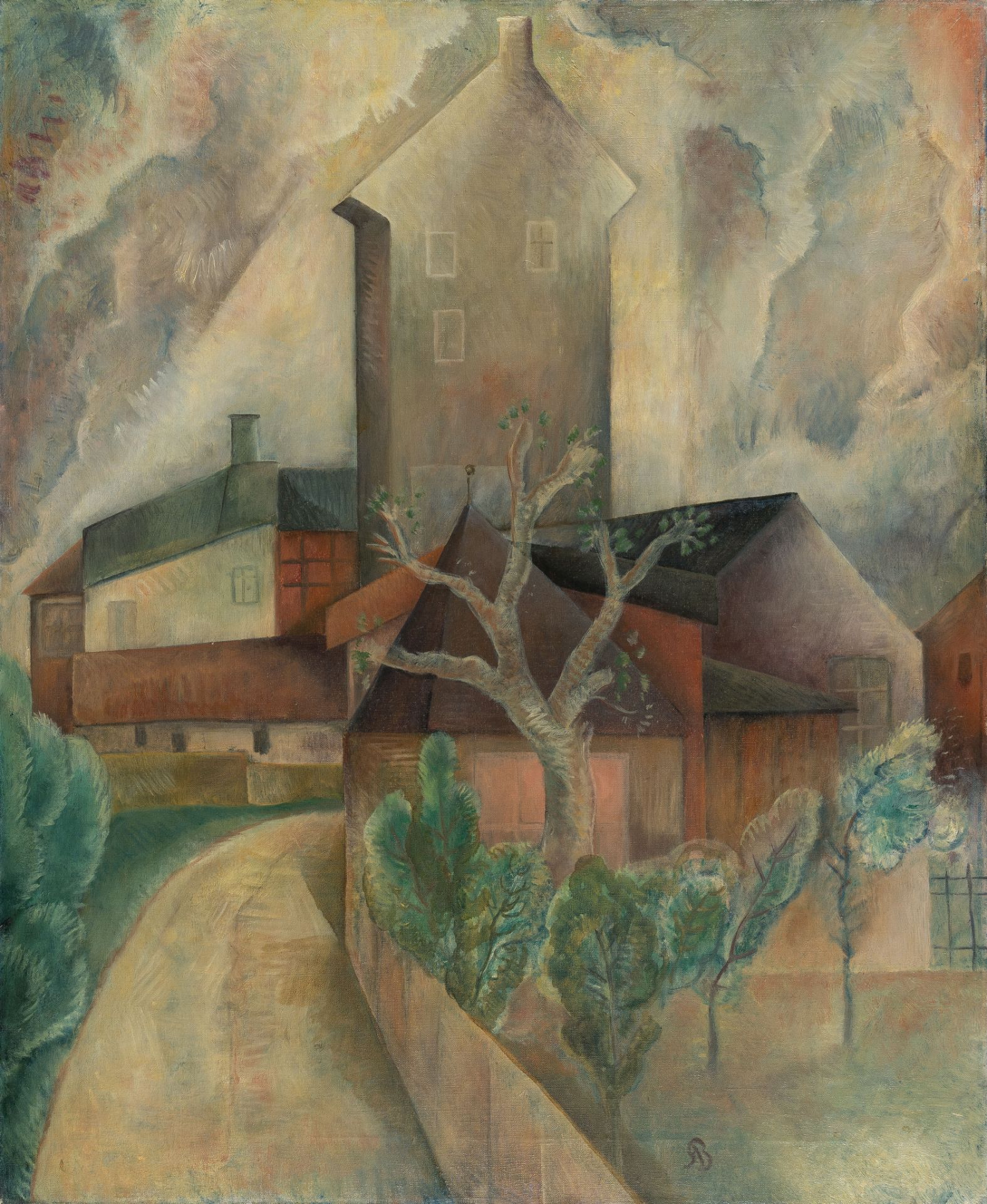 Albert Bloch, Clouds and houses.Oil on canvas. (1917/1925). Ca. 76 x 72.5 cm. With conjoined
