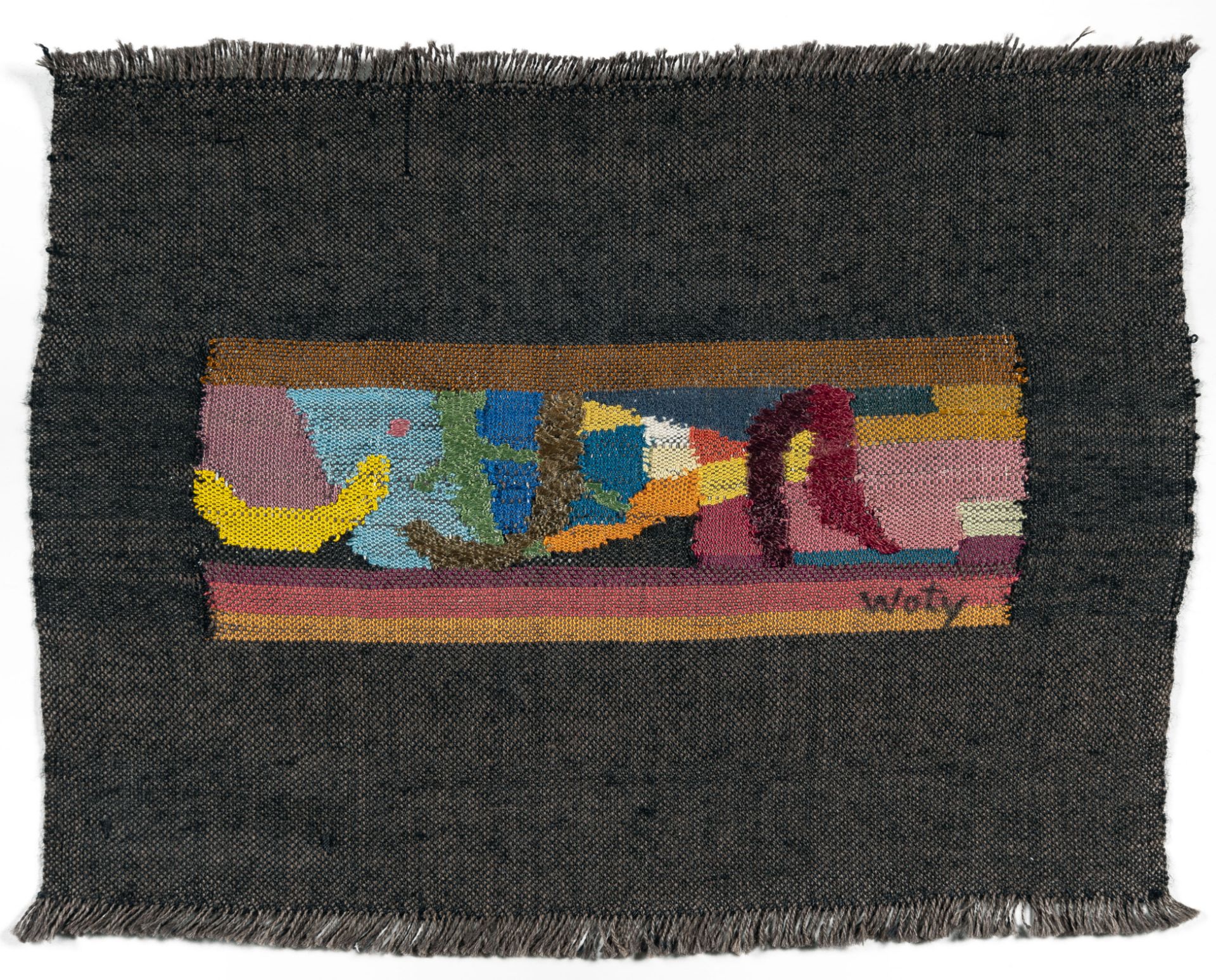 Woty Werner, Small weaving, No. 28.Woven wool. (1954). Ca. 18 x 23 cm. Signed lower right and titled