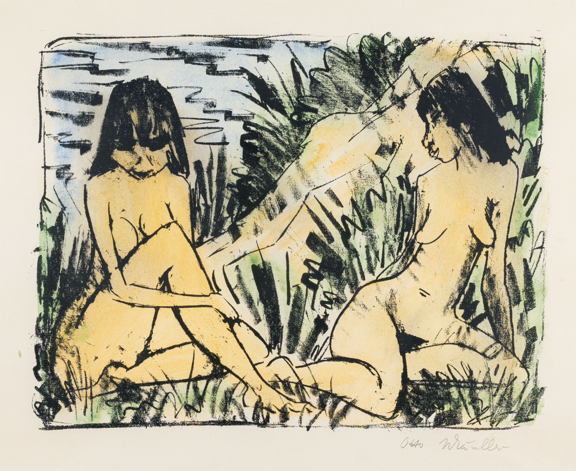 Otto Mueller, Two girls sitting on a dune (1).Lithograph, hand coloured, on smooth, thin wove paper.