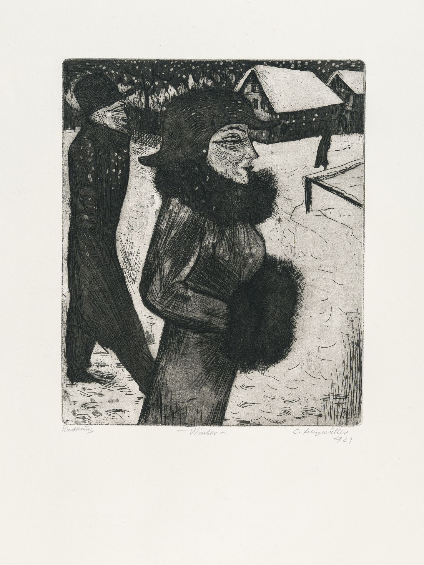 Conrad Felixmüller, Winter day (A winter walk).Etching with line etching, aquatint and surface