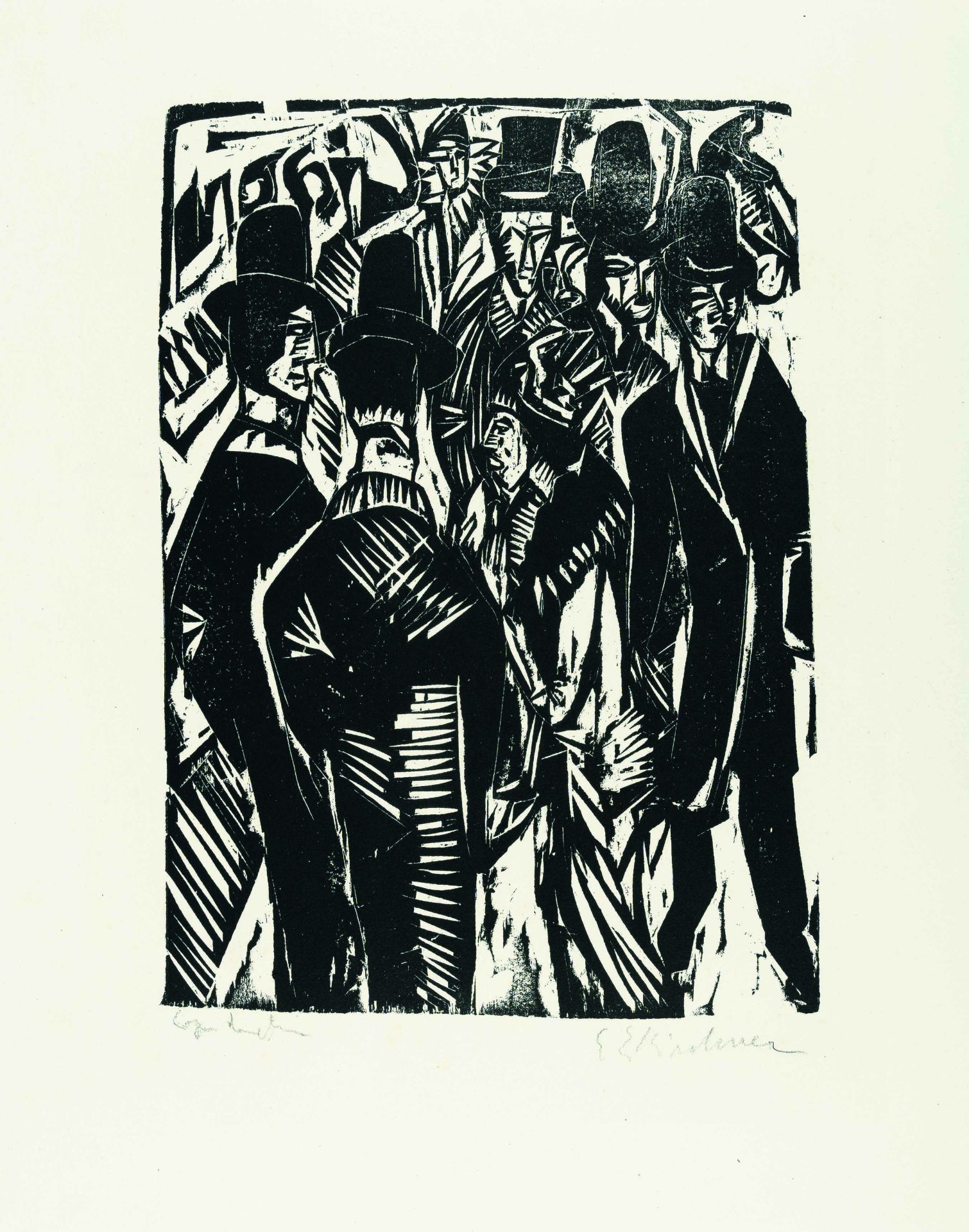 Ernst Ludwig Kirchner, Street scene by a shop.Woodcut on firm wove. (1913/14). Ca. 31.5 x 23 cm (