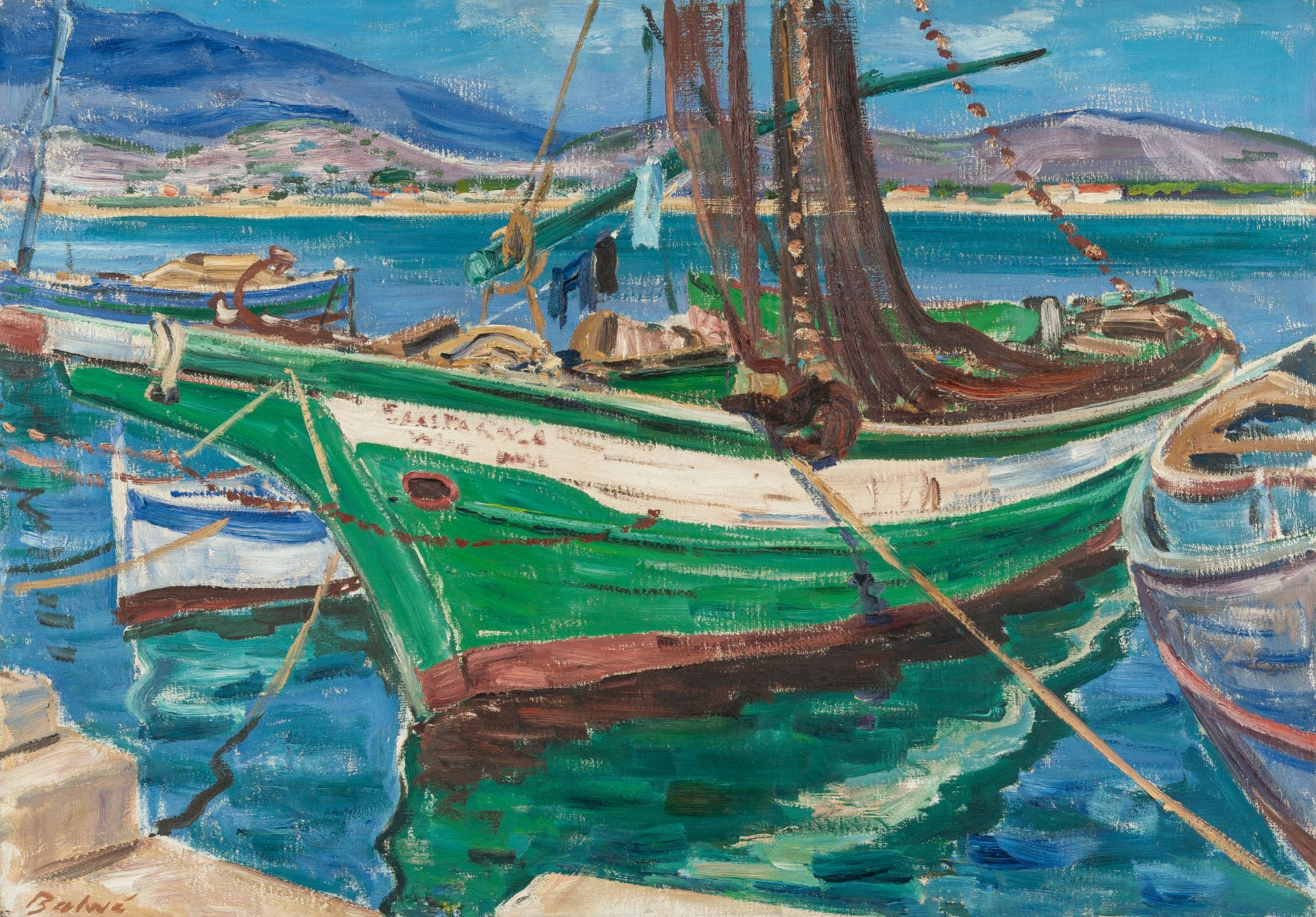 Arnold Balwé – „Fischerboote in der Bucht (Marina di Campo, Elba)“ („Fischerboote in der Bucht (Mari