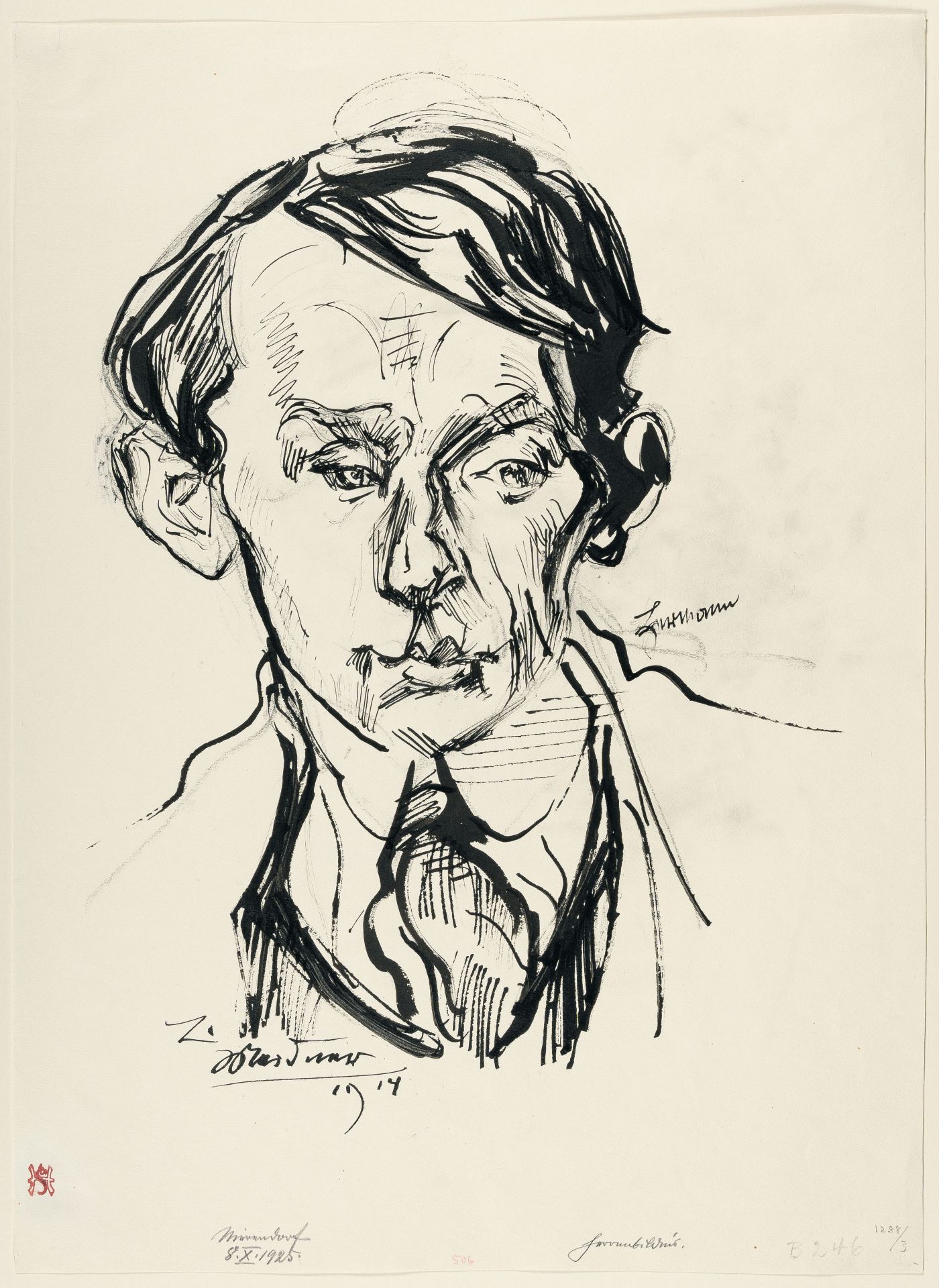 Ludwig Meidner, Portrait Hermann.Reed pen with Indian ink and chalk on firm, cream wove. 1914. Ca. - Image 2 of 3