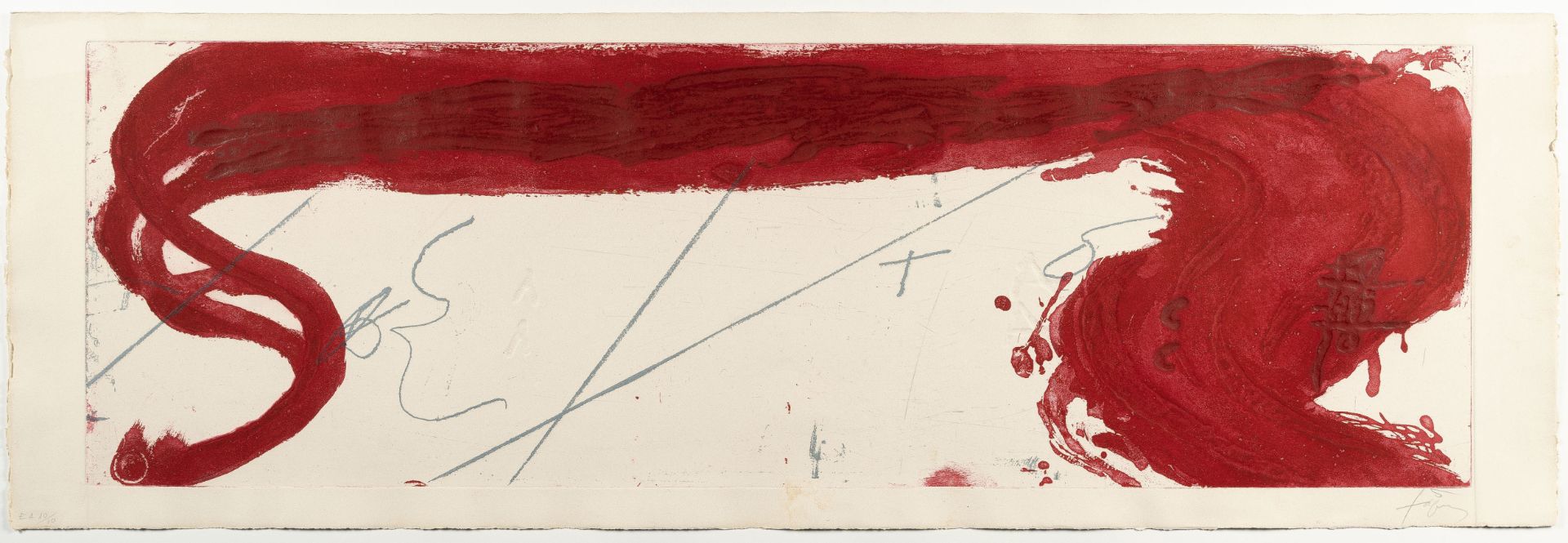 Antoni Tàpies, Rouge horizontal.Etching in colours and embossing print on wove. (1984). Ca. 35 x 108 - Image 2 of 3