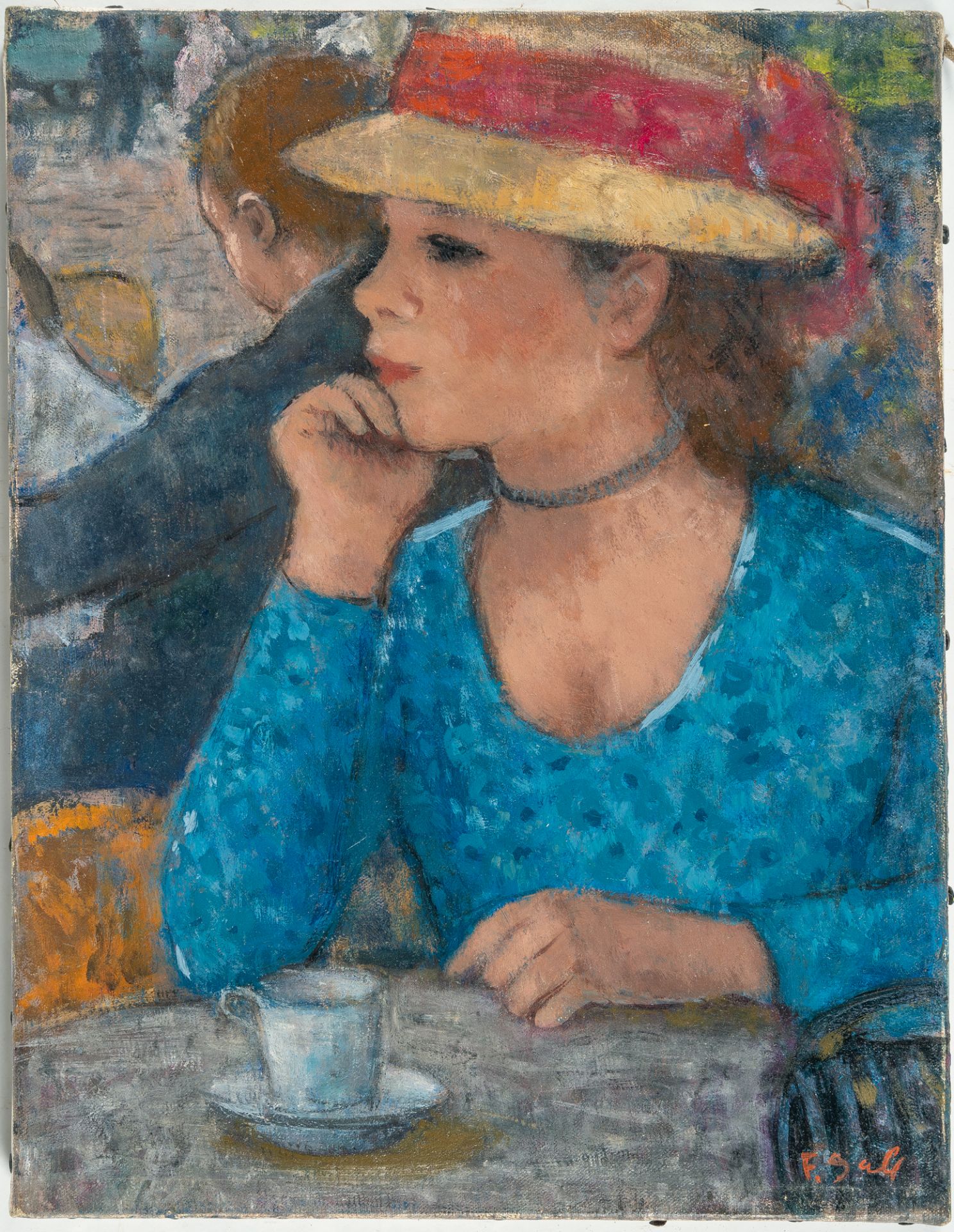 François Gall, Elle attend, paisible sous le chapeau de paille jaune, son rendez-vous au Café de - Image 2 of 4