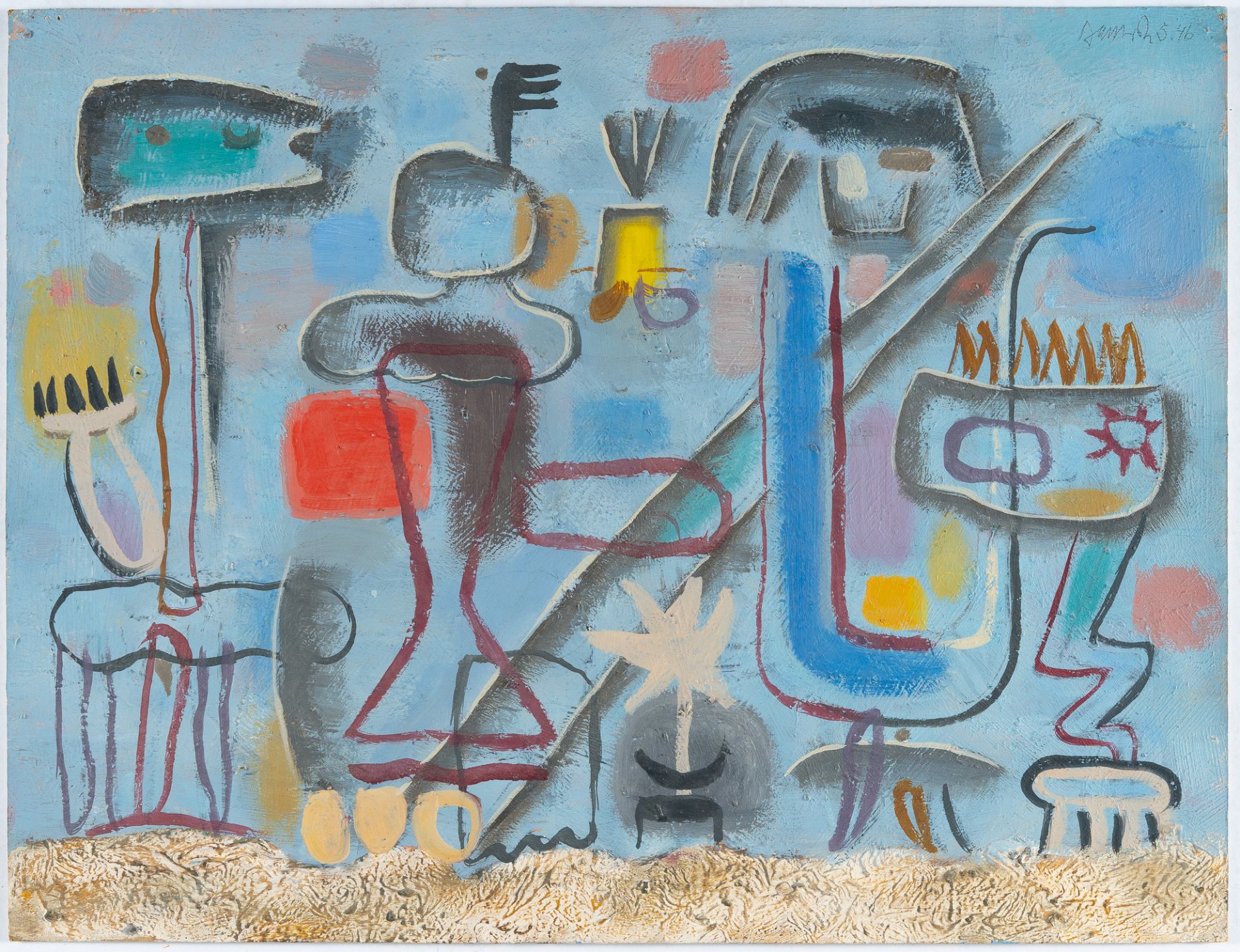 Willi Baumeister – „Blau mit rotem Quadrat (kleines Format)“ (Figuren in Landschaft) („Blau mit rote - Bild 2 aus 4