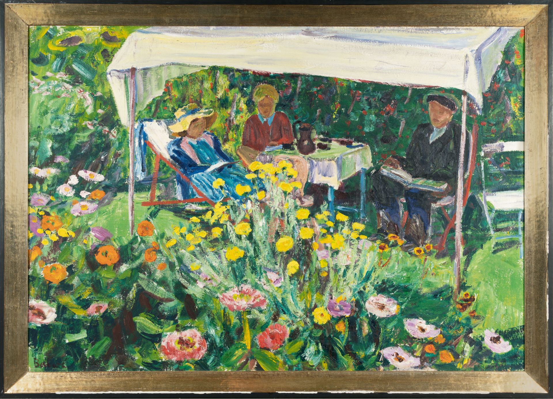 Arnold Balwé, „im Gartenzelt“.Oil on canvas. (1949/50). Ca. 81 x 116 cm. Signed lower left. Titled - Image 4 of 4