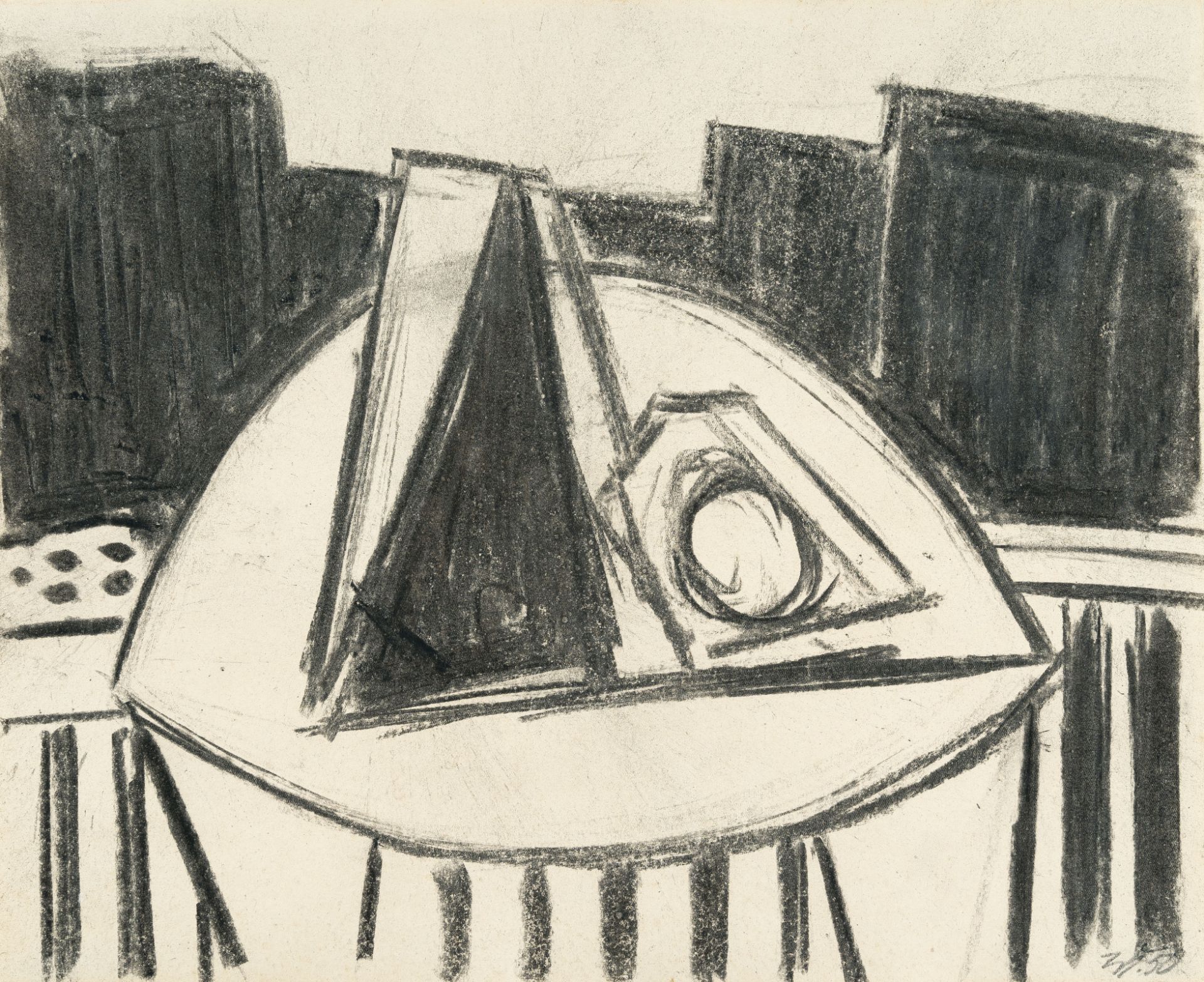 Werner Heldt, „Komposition“ (Still life against house facade).Charcoal and red chalk on wove. (19)