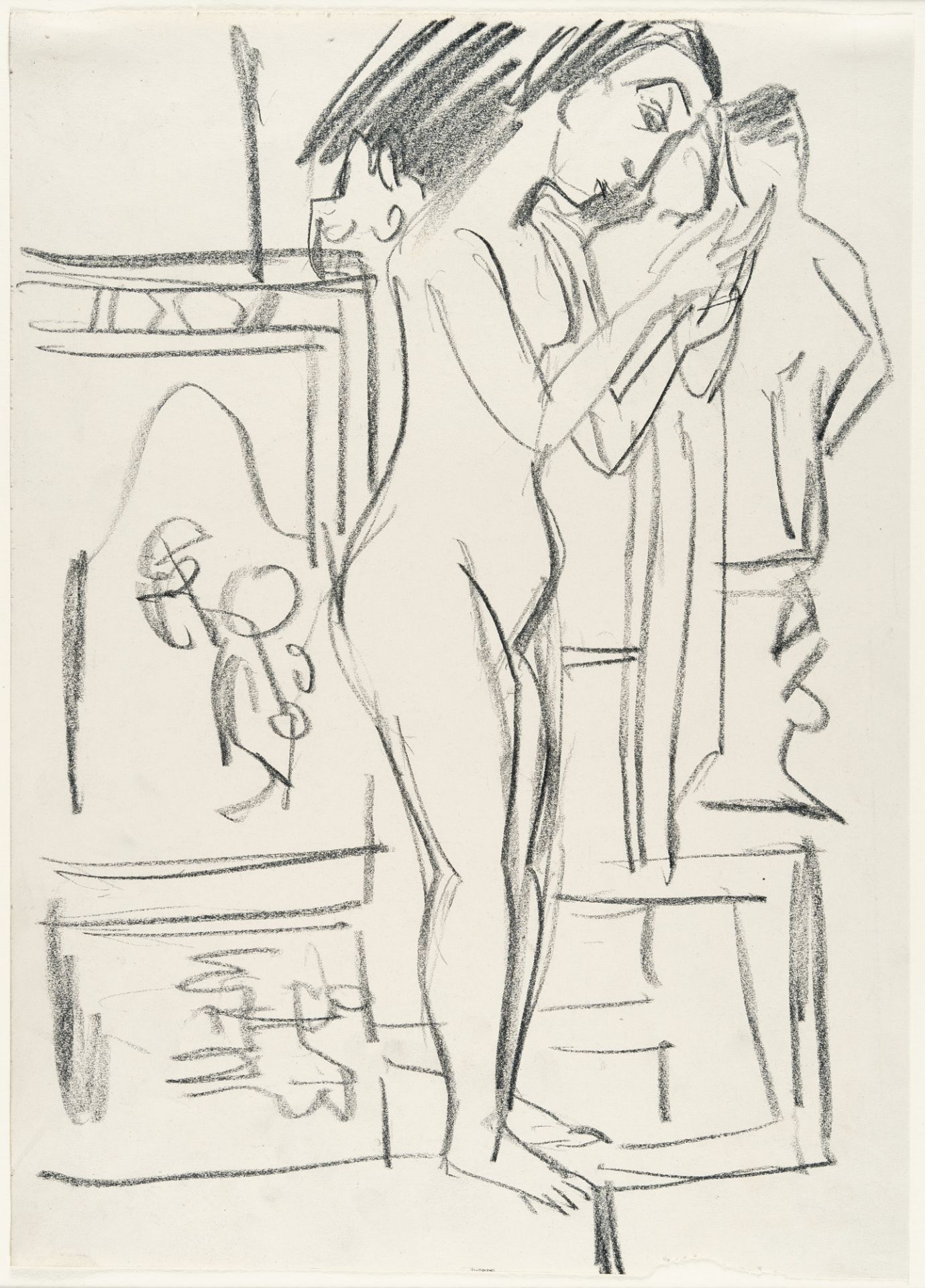 Ernst Ludwig Kirchner, Nude in the artist's studio at Davos (Erna).Black chalk on satinated cream - Image 2 of 4