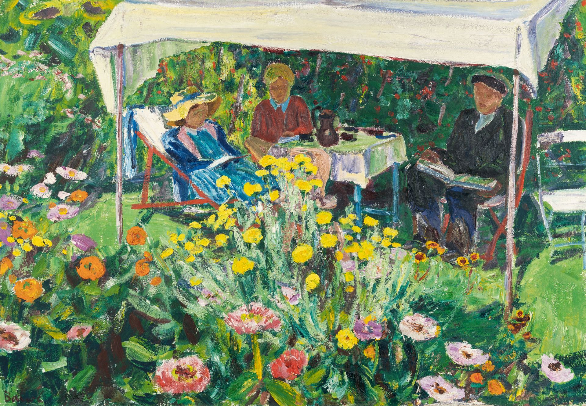 Arnold Balwé, „im Gartenzelt“.Oil on canvas. (1949/50). Ca. 81 x 116 cm. Signed lower left. Titled