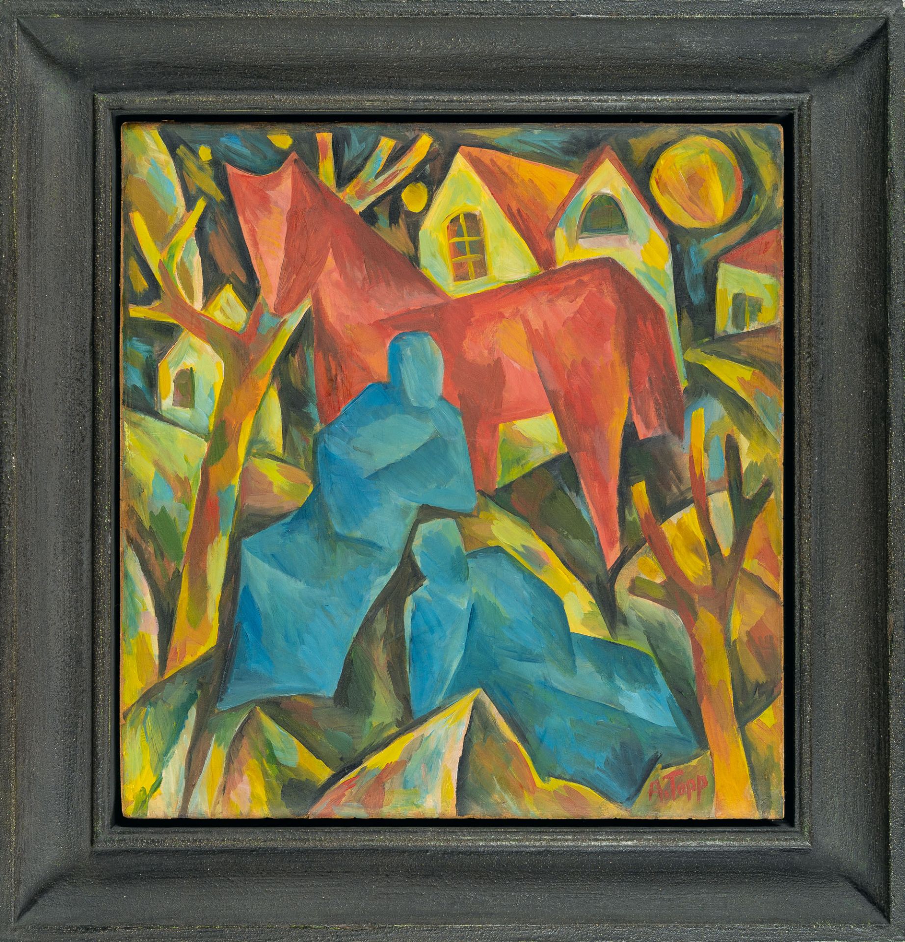 Arnold Topp, Red horse with blue figures in a town landscape.Oil on cardboard. (Around 1918/19). Ca. - Image 4 of 4