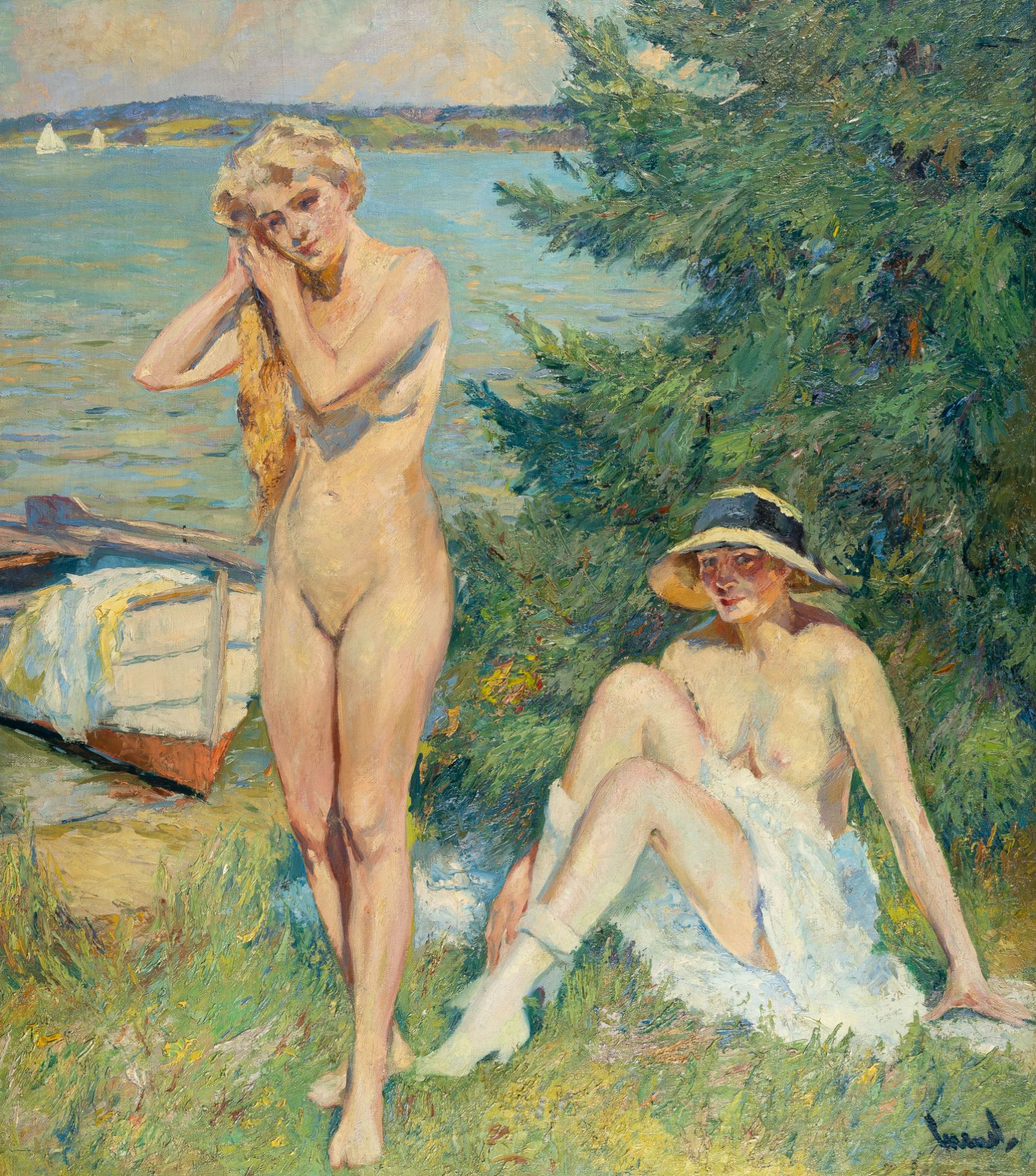 Edward Cucuel – Zwei badende Frauen am See (Two women bathing in a lake)