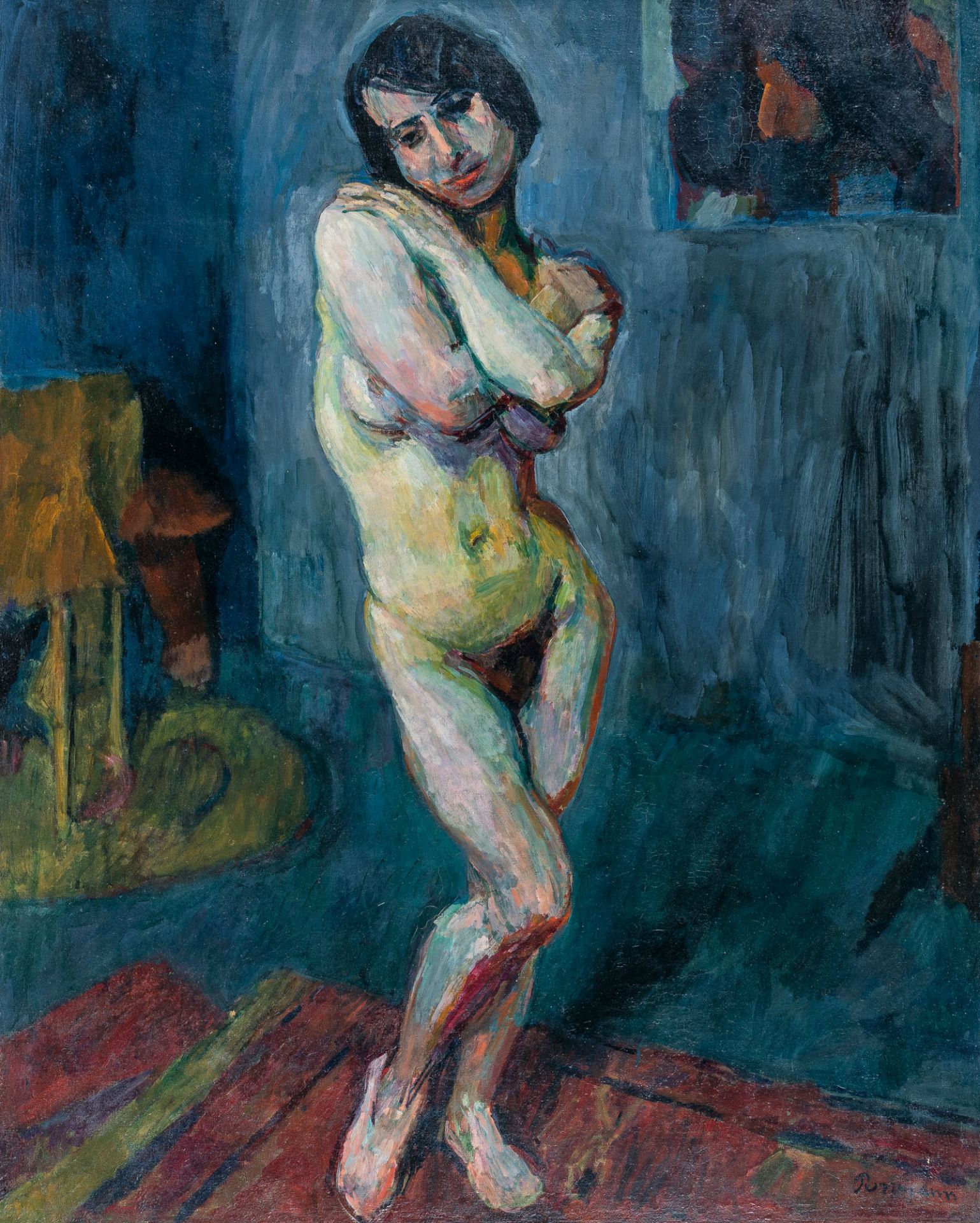 Hans Purrmann, Standing female nude.Oil on canvas. (1914). Ca. 81 x 65.5 cm. Signed lower right. •