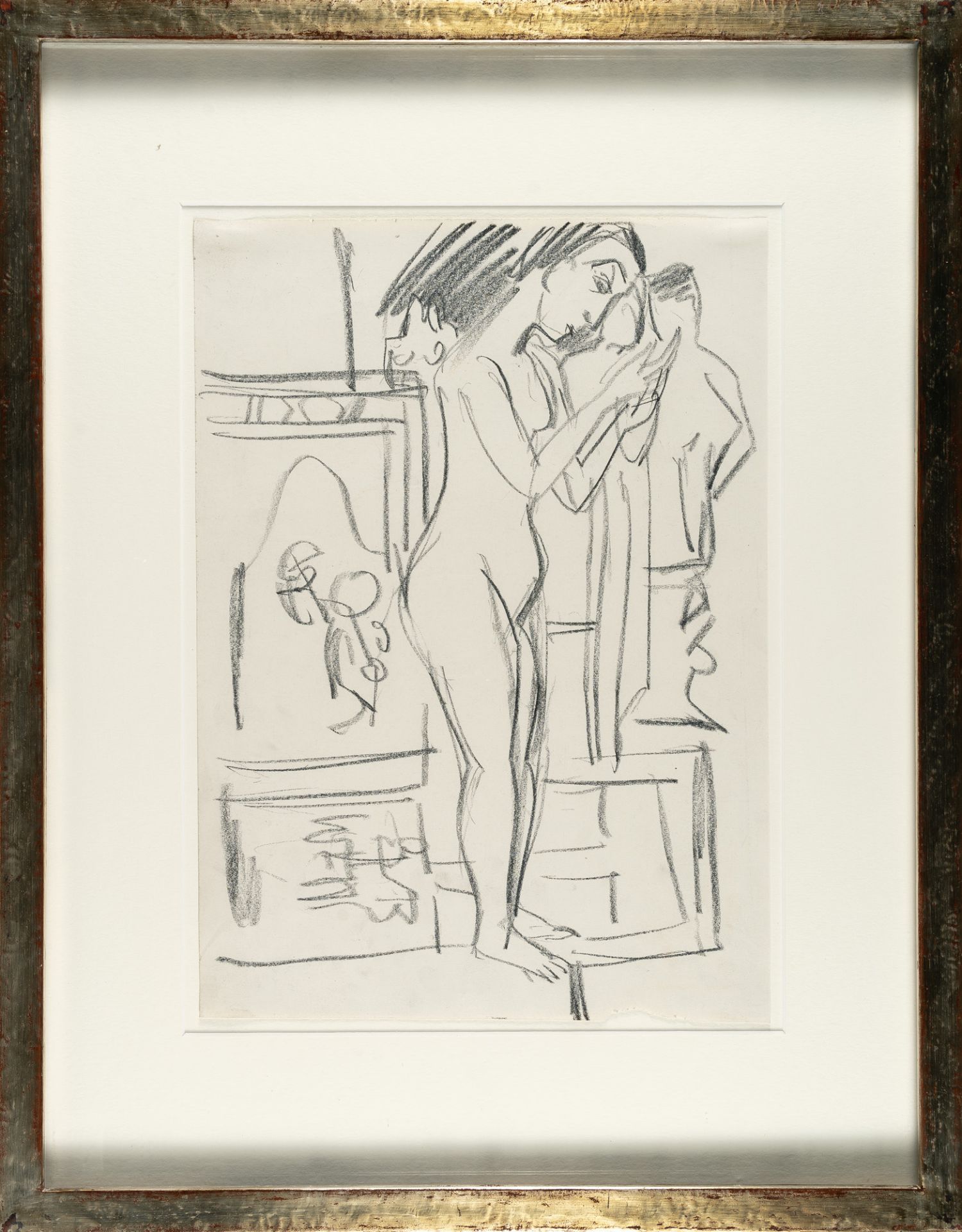 Ernst Ludwig Kirchner, Nude in the artist's studio at Davos (Erna).Black chalk on satinated cream - Image 4 of 4