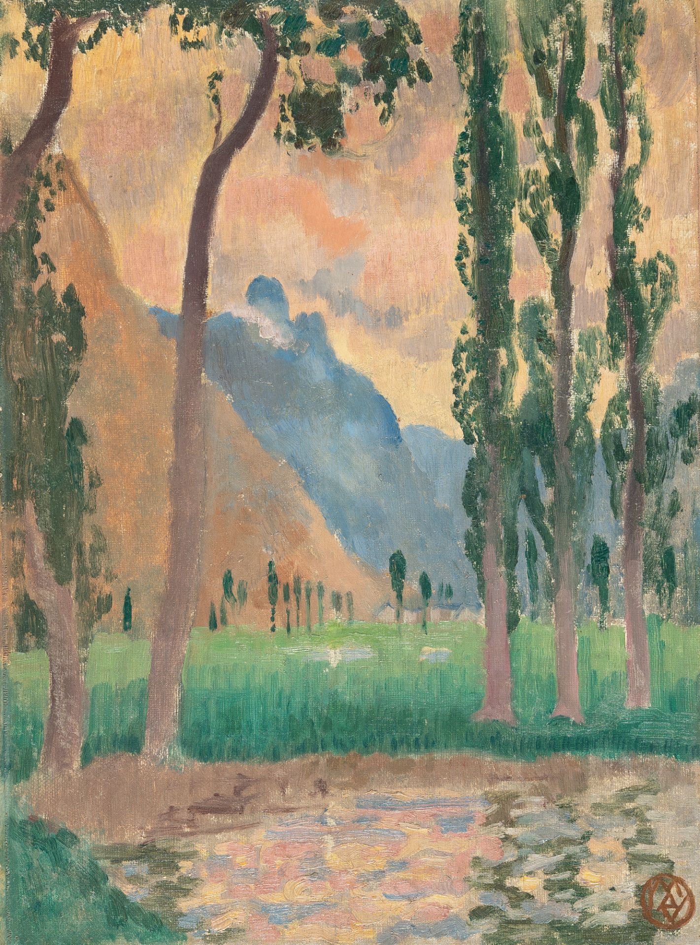 Maurice Denis, Paysage d'Ax-les-Thermes.Oil on canvas, laid down on cardboard. (1913). Ca. 33 x 24