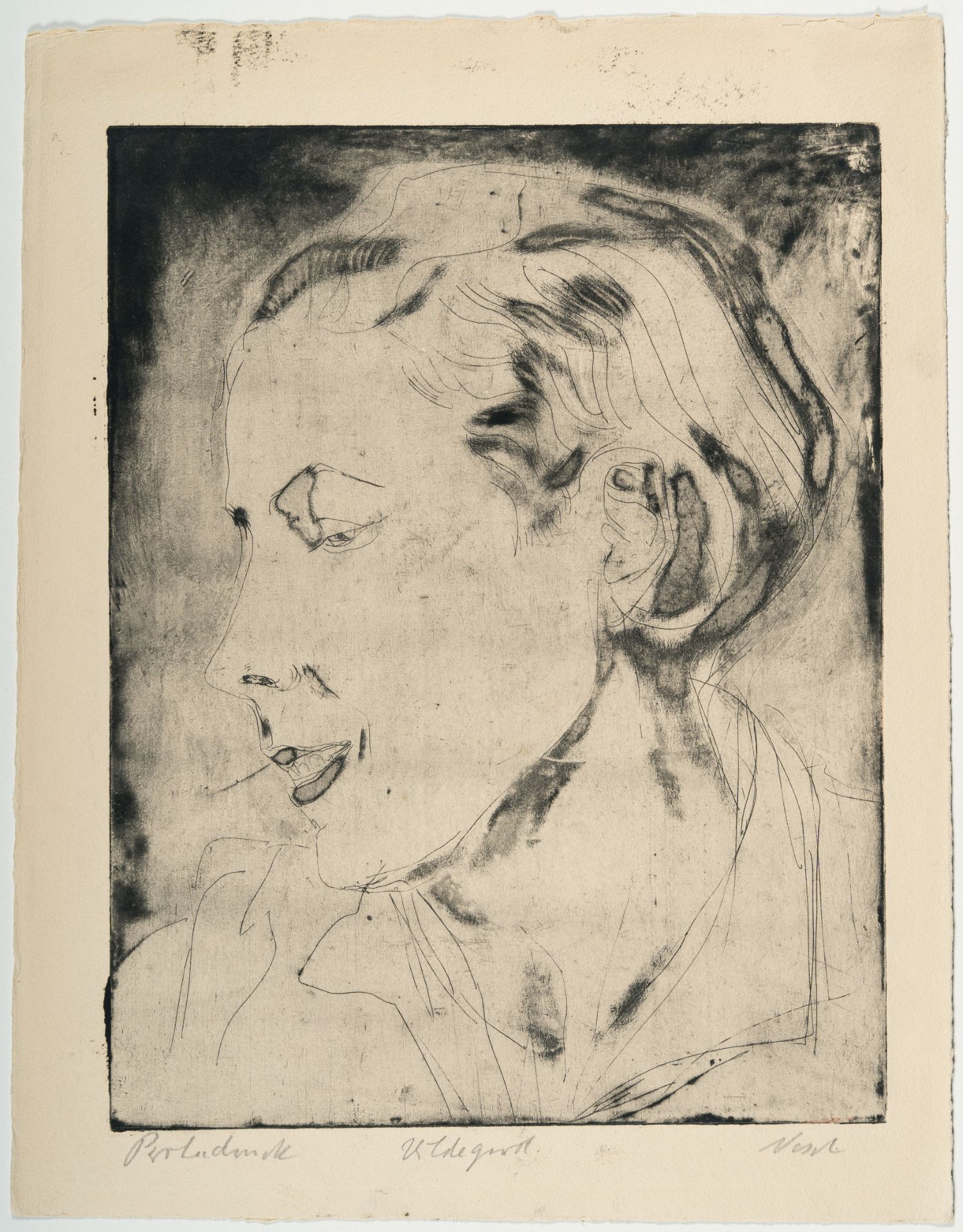 Rolf Nesch, „Hildegard“.Etching with aquatint on cream wove. Ca. 32.5 x 25 cm (sheet size ca. 38.5 x - Image 2 of 3