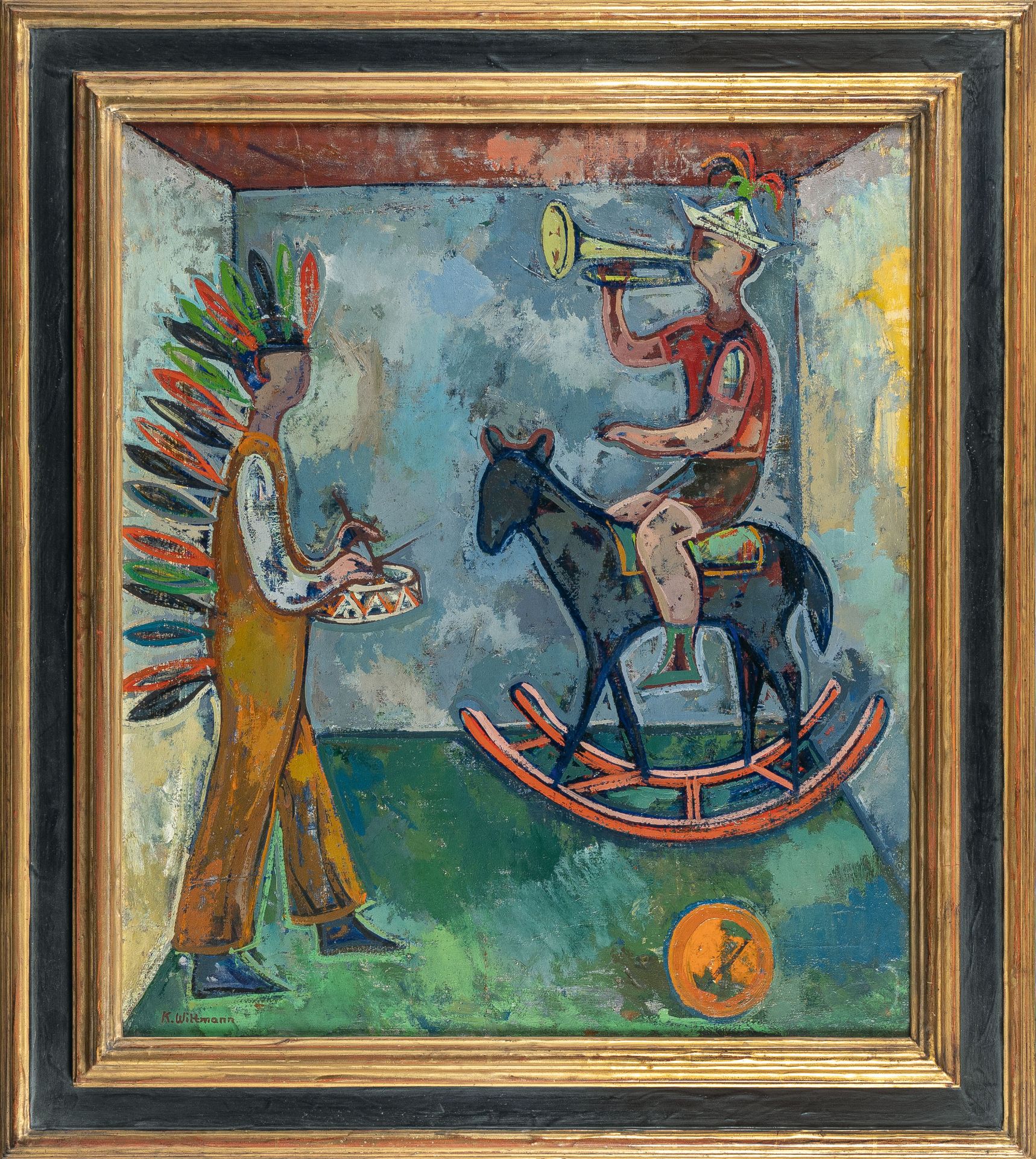 Karoline Wittmann, Indian game.Oil on thin canvas. (1957). Ca 70.5 x 60.5 cm. Signed lower left. - Image 4 of 4