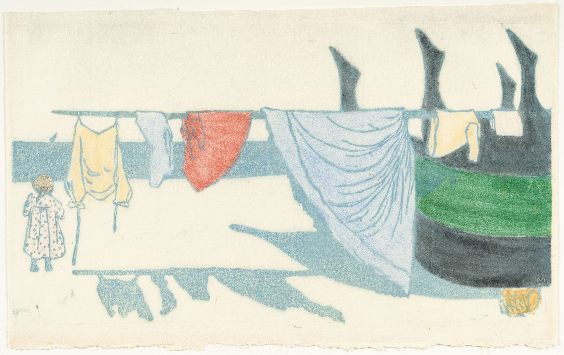 Gabriele Münter, Washing on the beach.Lino print in colours on thin Japanese laid paper. (1907/ - Image 2 of 3