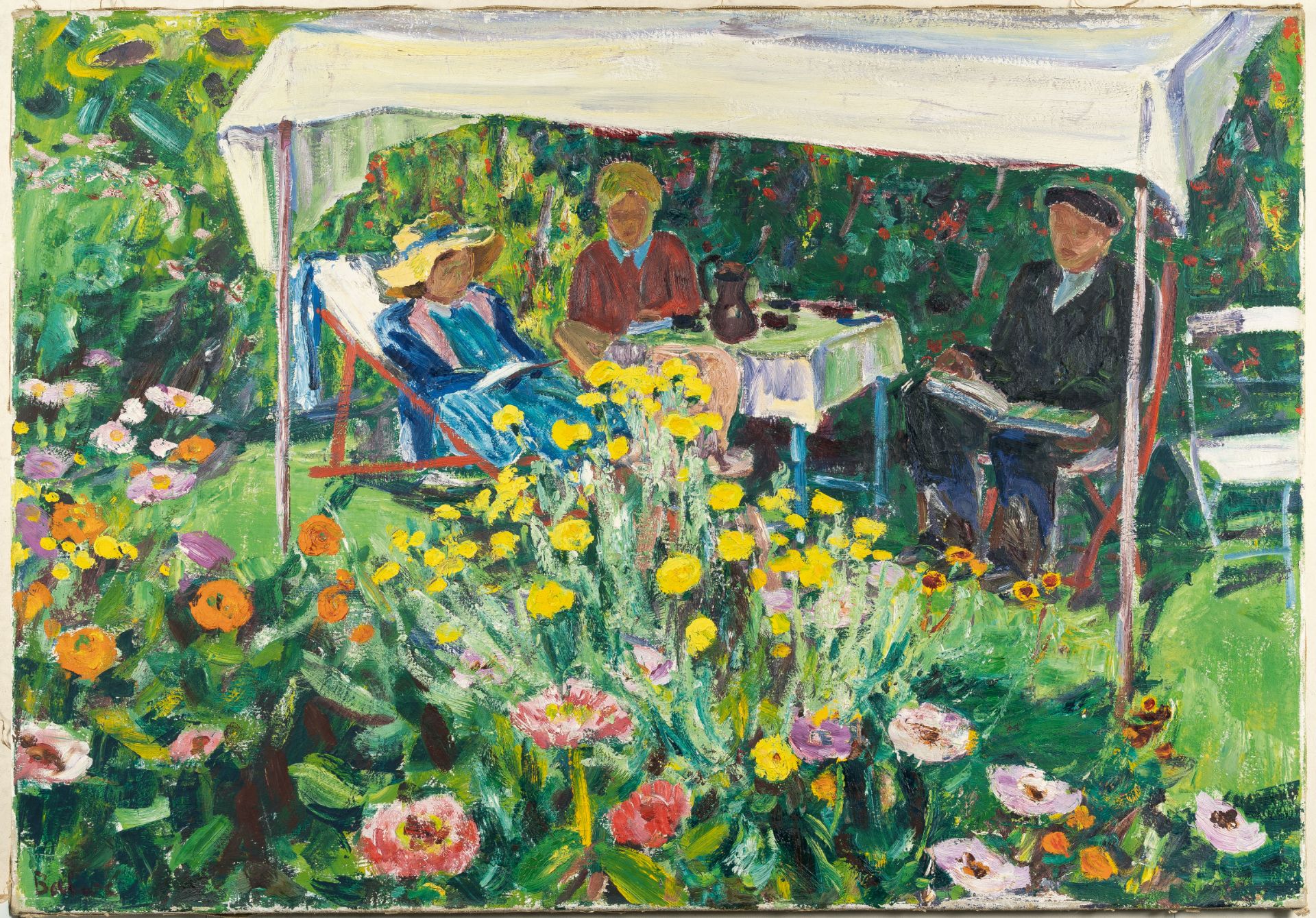 Arnold Balwé, „im Gartenzelt“.Oil on canvas. (1949/50). Ca. 81 x 116 cm. Signed lower left. Titled - Image 2 of 4