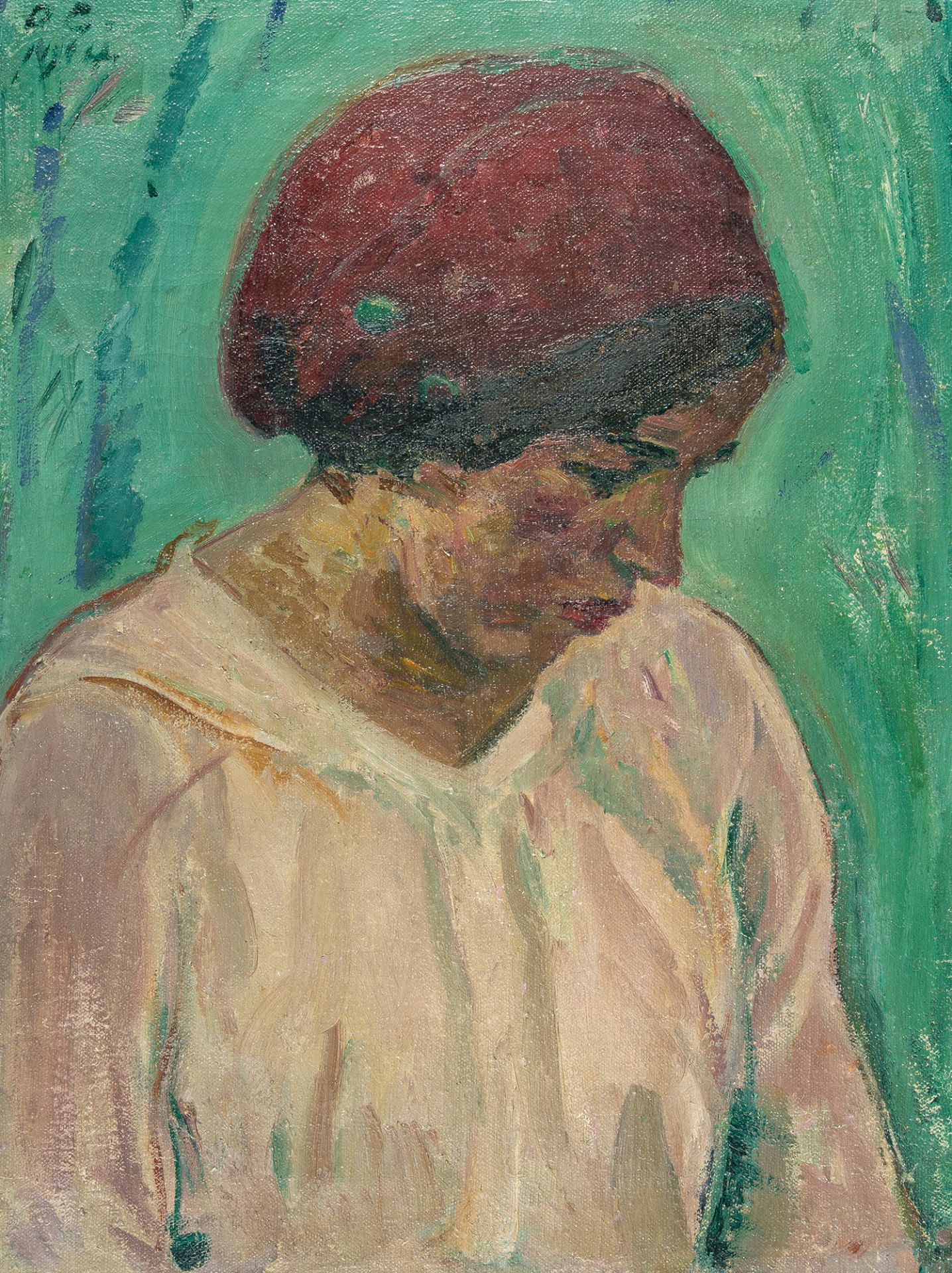 Otto Gussmann, Girl in a red cap.Oil on canvas. 1914. Ca. 51 x 39 cm. Monogrammed and dated upper
