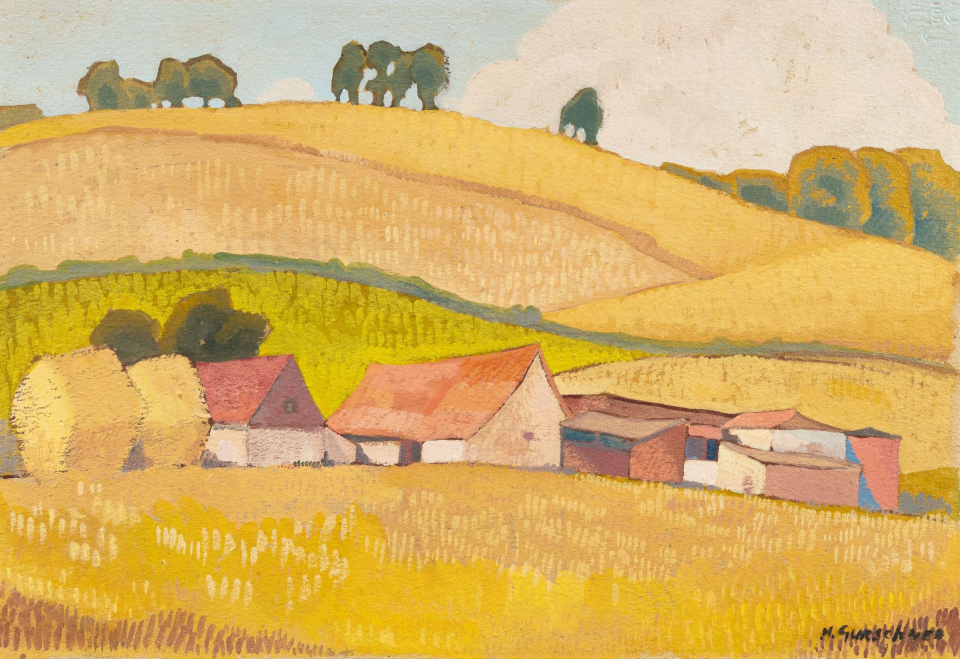 Herbert Gurschner, Summer landscape (England).Oil on firm, slightly fibrous paper. (Around 1933).