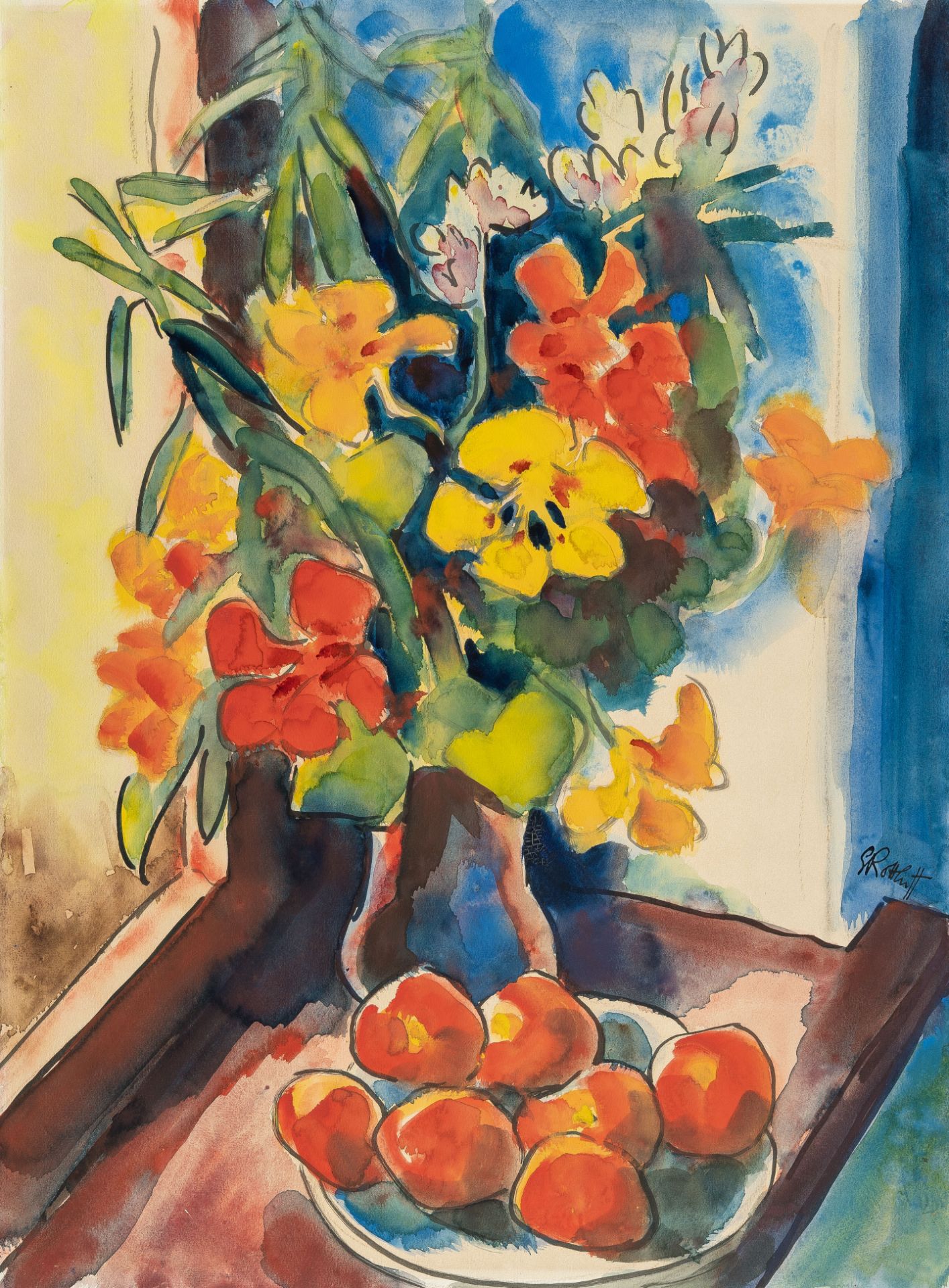 Karl Schmidt-Rottluff – Sommerblumen mit Obstschale (Summer flowers with a bowl of fruit)