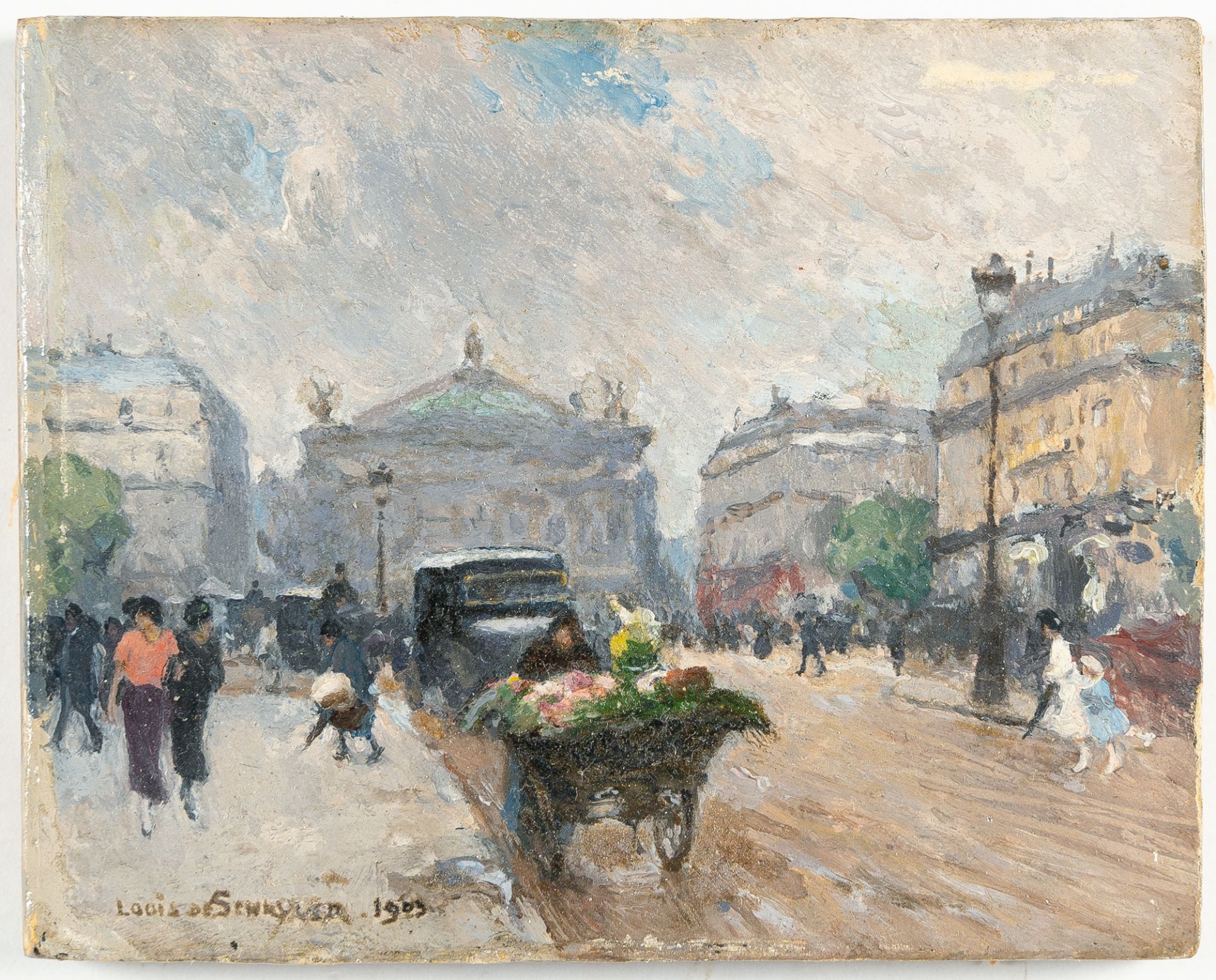 Louis Marie De Schryver, Street scene with flower seller by the Paris Opera House.Oil on panel. - Image 2 of 4