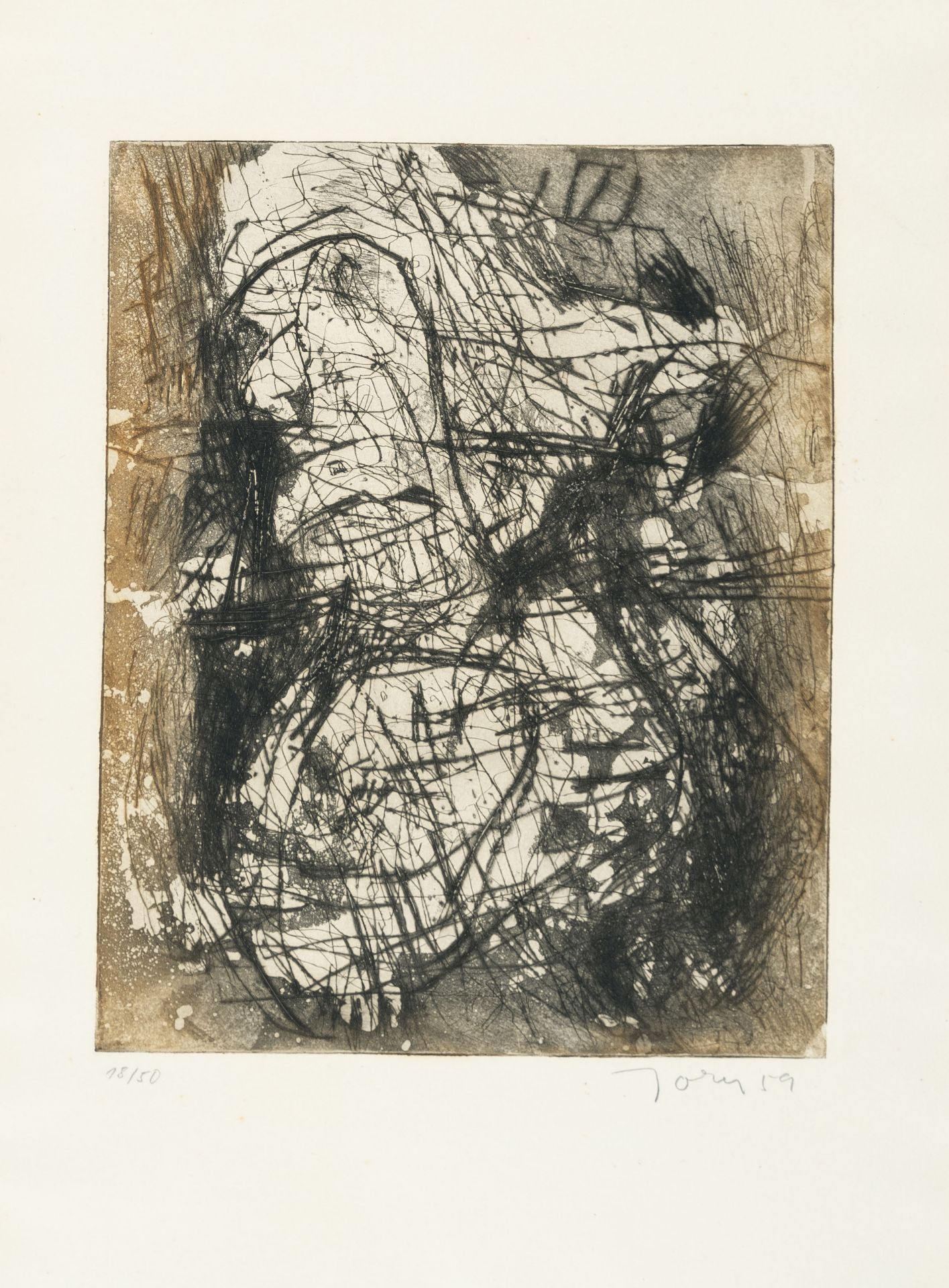 Asger Jorn, Composition.Etching in colours with aquatint and drypoint on wove. (19)59. Ca. 26.5 x 21