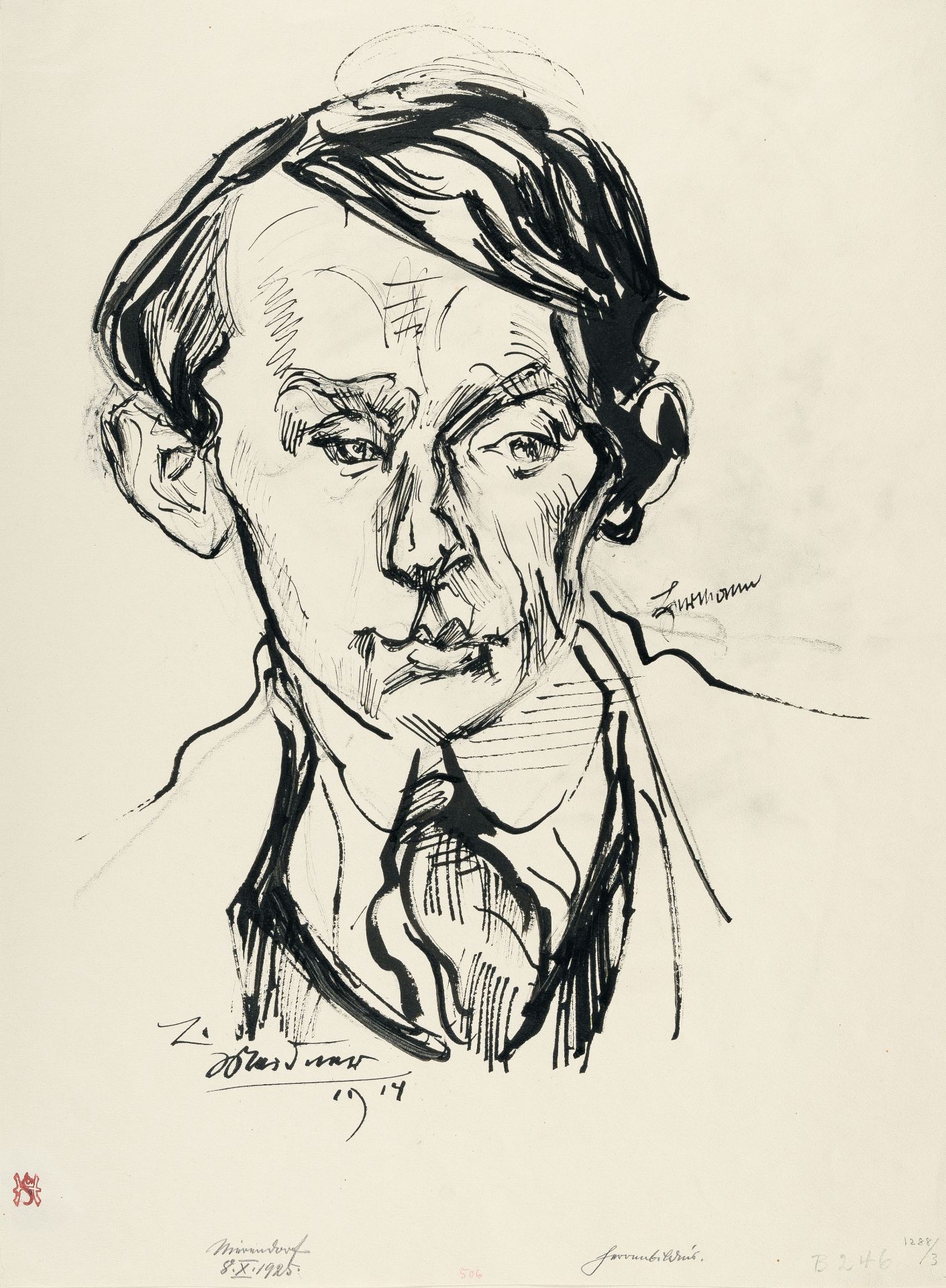 Ludwig Meidner, Portrait Hermann.Reed pen with Indian ink and chalk on firm, cream wove. 1914. Ca.