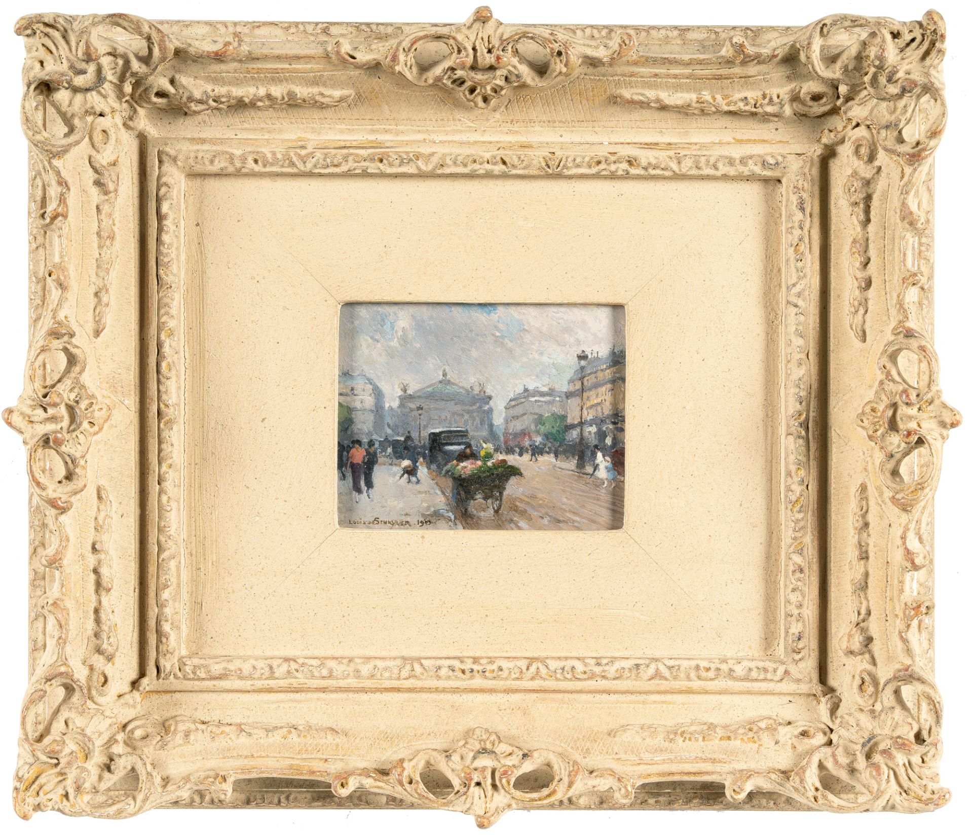 Louis Marie De Schryver, Street scene with flower seller by the Paris Opera House.Oil on panel. - Image 4 of 4