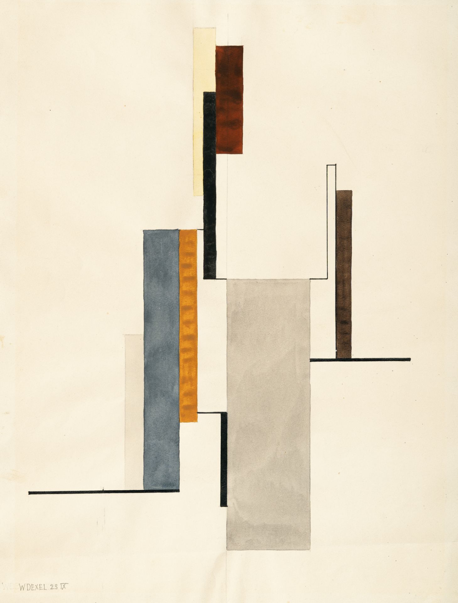 Walter Dexel, Figuration “Aqu-1923 IX”.Watercolour, Indian ink and Pencil on thin pale grey wove.