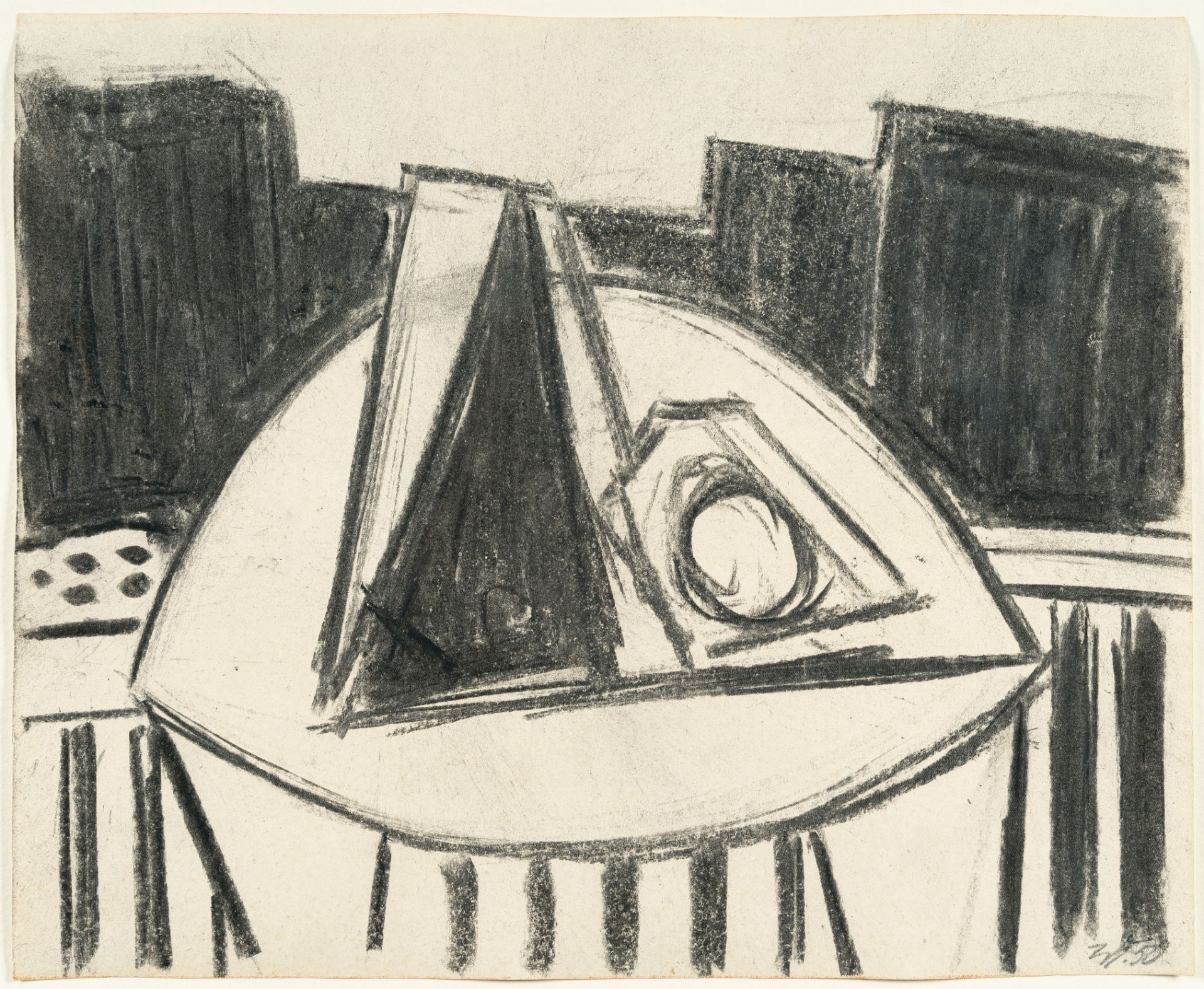 Werner Heldt, „Komposition“ (Still life against house facade).Charcoal and red chalk on wove. (19) - Image 2 of 3