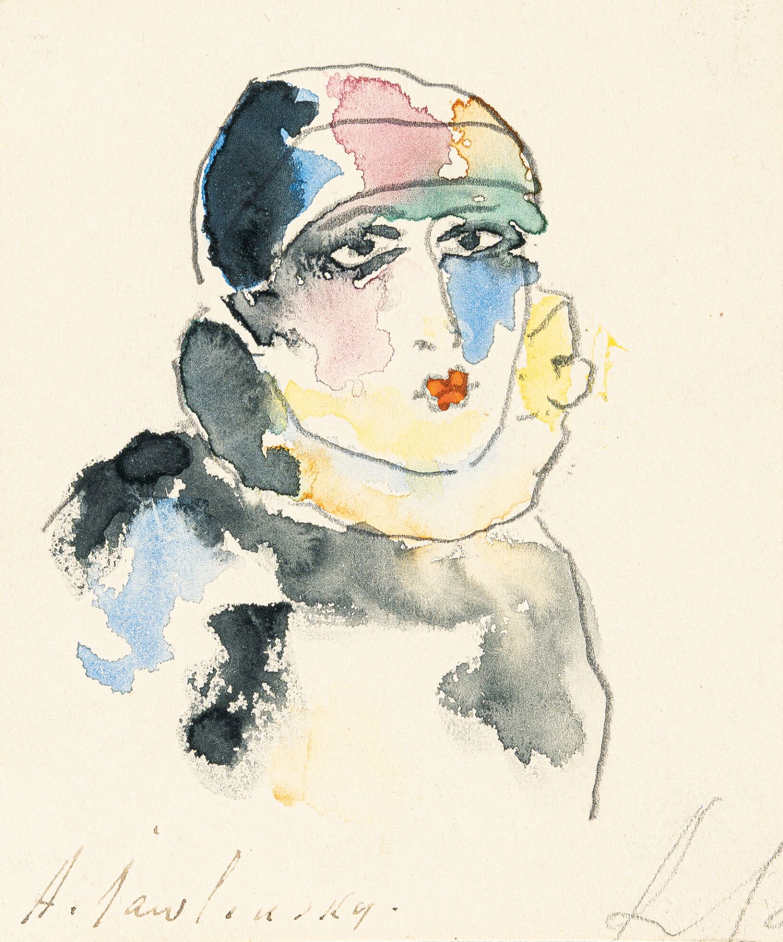 Alexej Von Jawlensky, Woman as Pierrot.Watercolour with Indian ink over pencil on firm wove (the