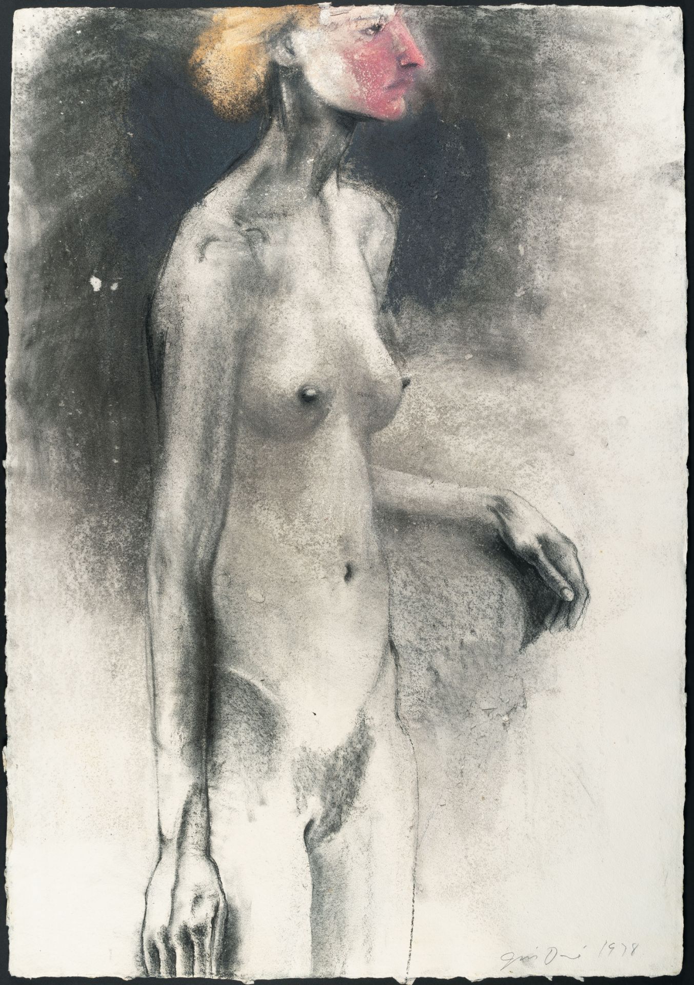 Jim Dine, The bird mask (Standing female nude).Mixed media, charcoal and chalk on laid cardboard. - Image 2 of 3