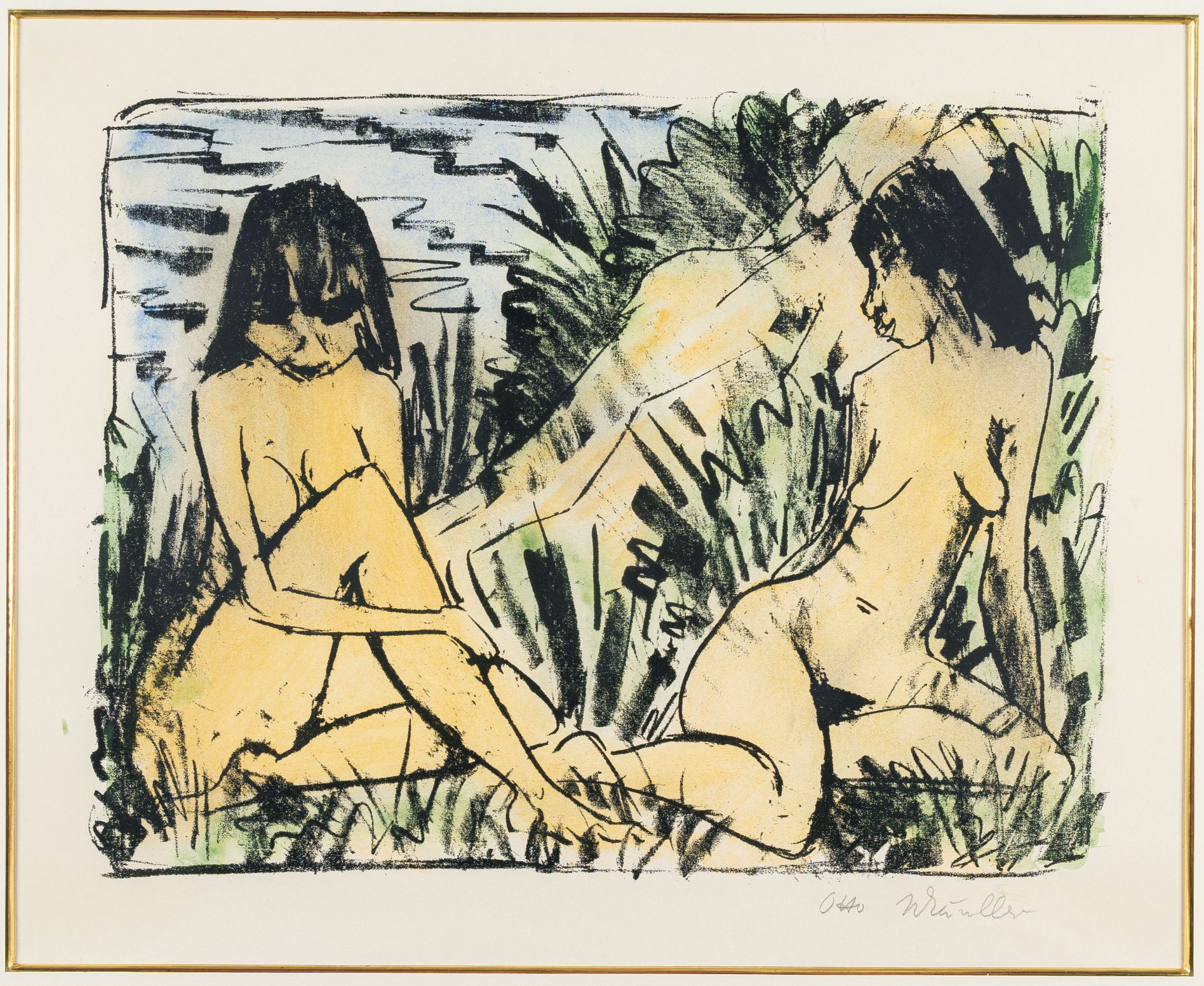 Otto Mueller, Two girls sitting on a dune (1).Lithograph, hand coloured, on smooth, thin wove paper. - Image 2 of 4