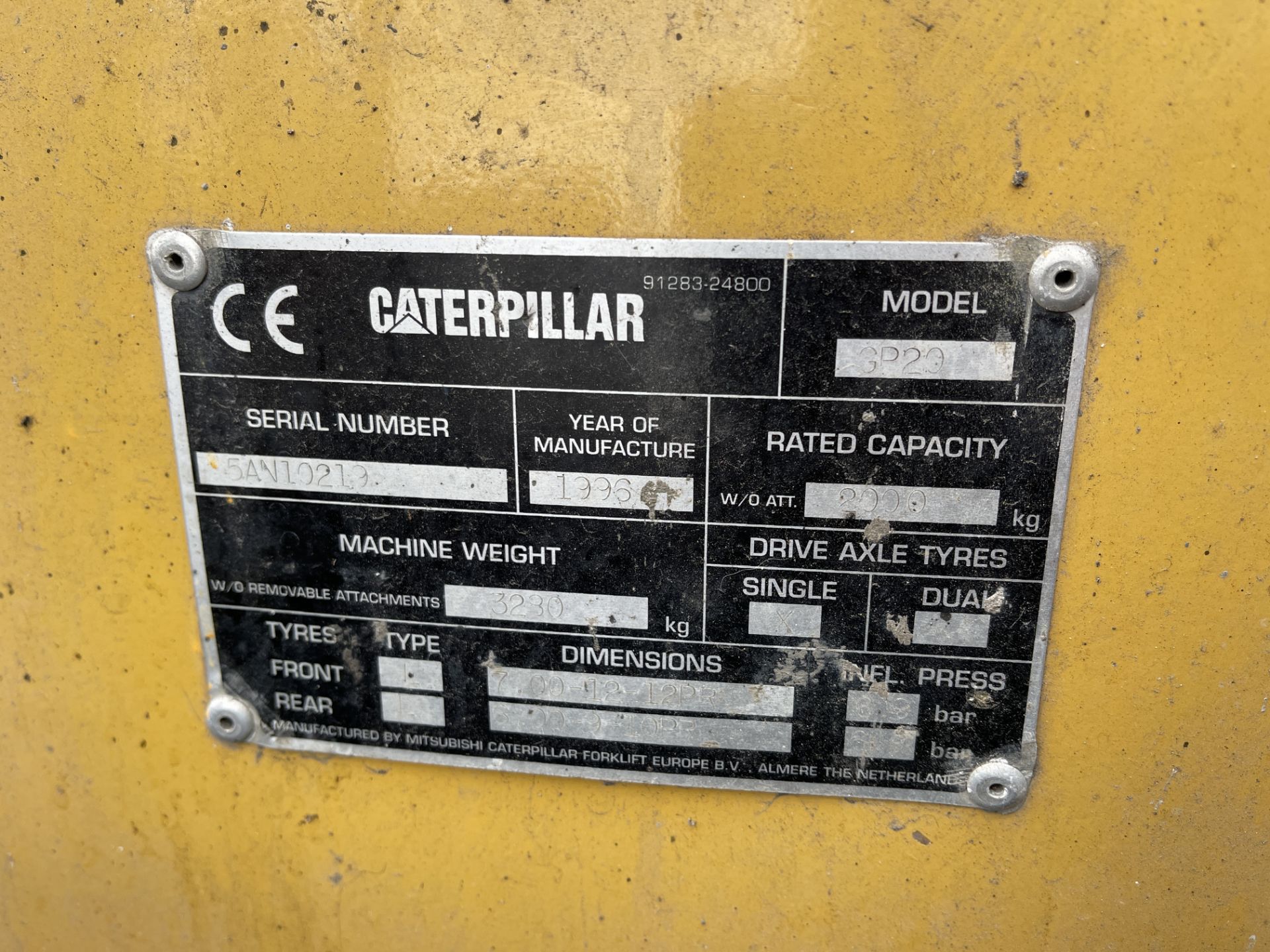 Caterpillar 20, LPG Fork Lift Truck, Serial No. 5AN10210, Rated Capacity 2,000 Kg (1996) - Image 14 of 17
