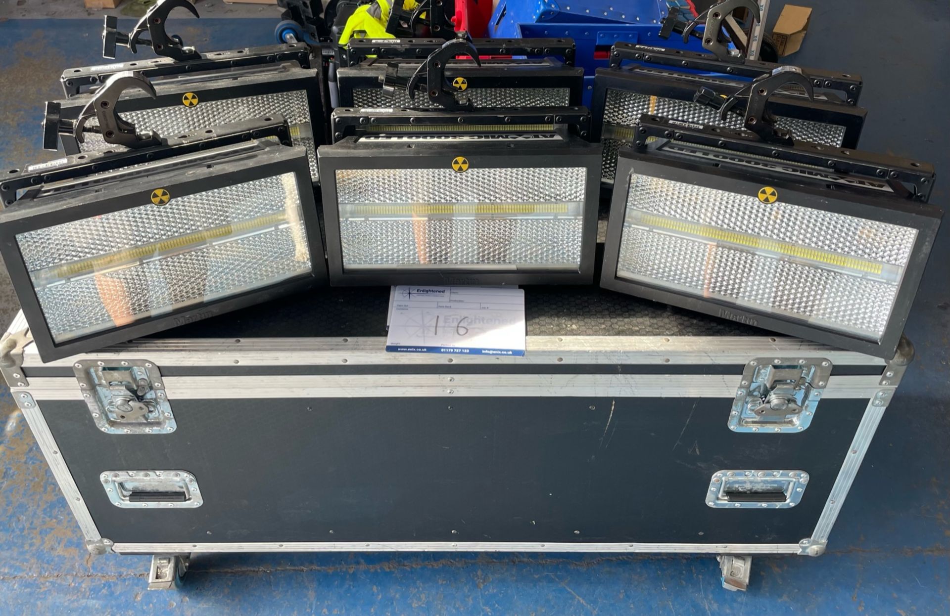 6x Martin Atomic LED 300 Strobe, inc flightcase and clamps. Supplied ex rental in working order.