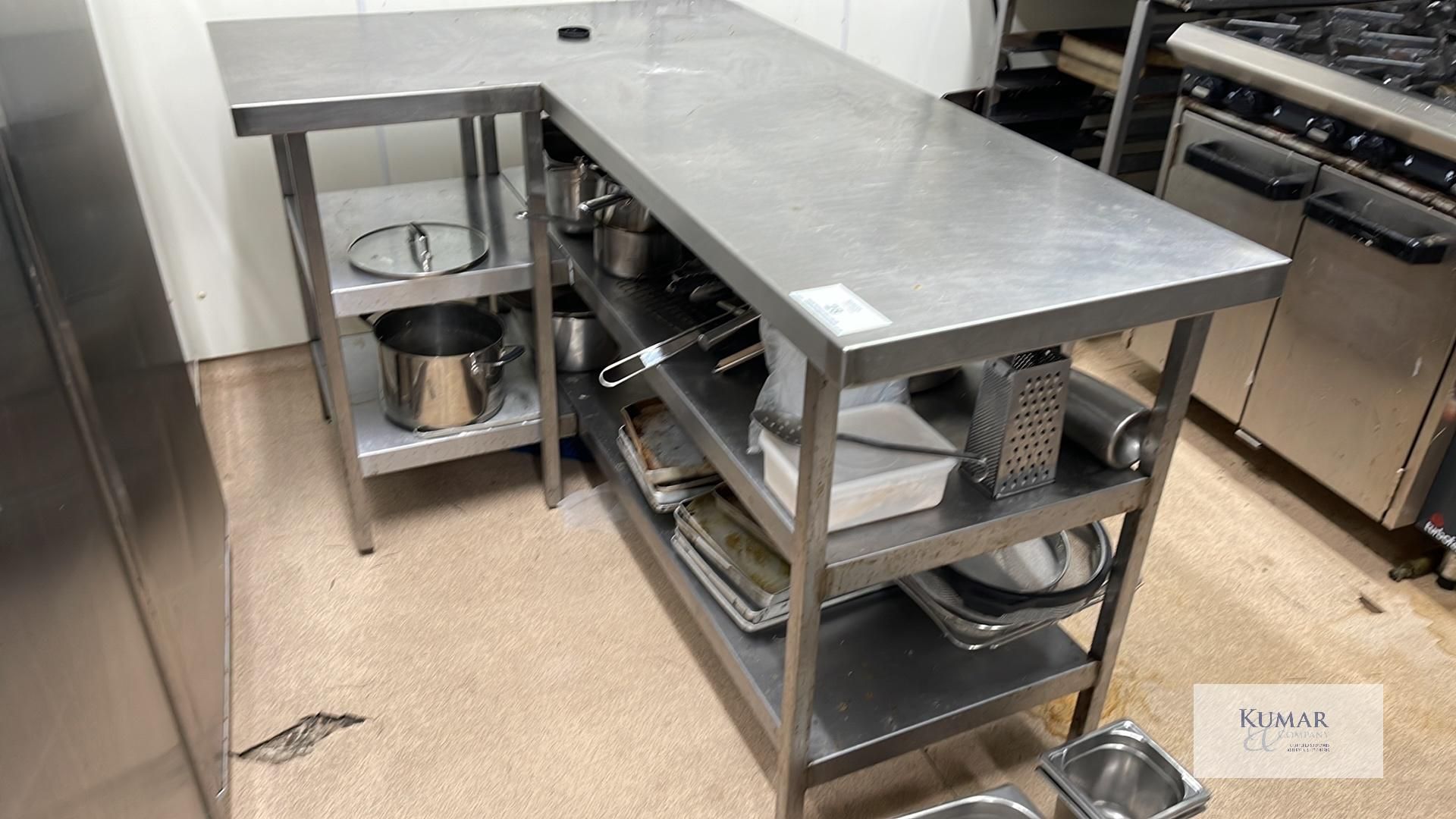 Triple Tier L Shaped Stainless Steel Table - L 1800 mm x W - 1600 mm - Please Note Does Not