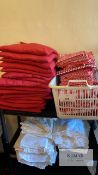 Job lot of red/white checkered table cloths, white table cloths and red seat cushions