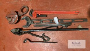 Large tools 48” chain wrench 24” chain wrench 36” stillsons Heavy duty block 24” pry bar Large