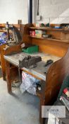Workshop bench with vice, Workshop bench with vice, Includes backing with shelves 108cm wide x