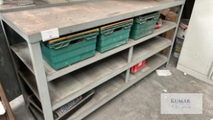 Workshop table/bench with shelves Includes baskets that contain various items Angle iron