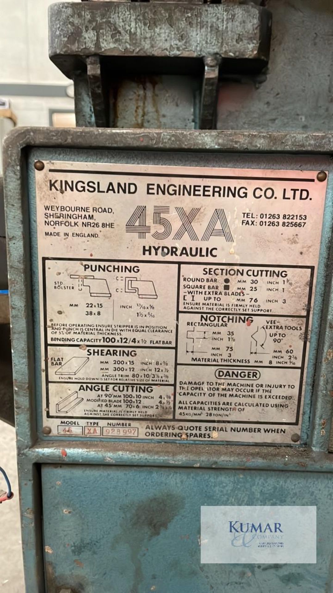 Kingsland Model 45 type XA, Metal WorkerSerial number 928997 - Image 6 of 6