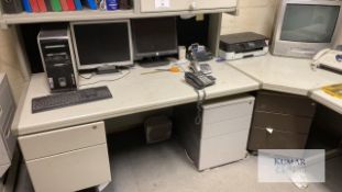 Heavy duty corner office desk and overhead storage Would suit workshop office 2.6m long x 2.2m