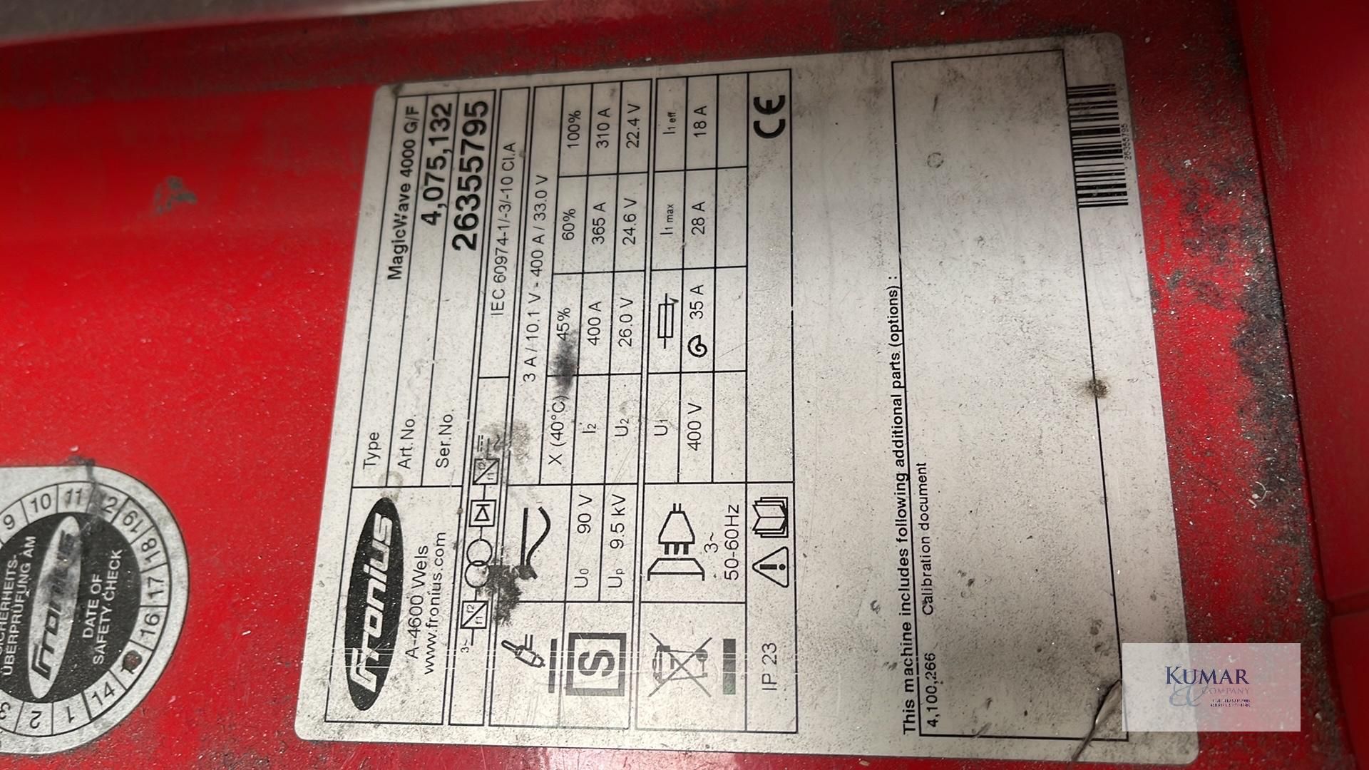 Fronius Magic Wave 4000 G/F AC/DC Tig Power Source, Serial No.26355795 with Fronius FK 4000R Cooling - Image 3 of 7