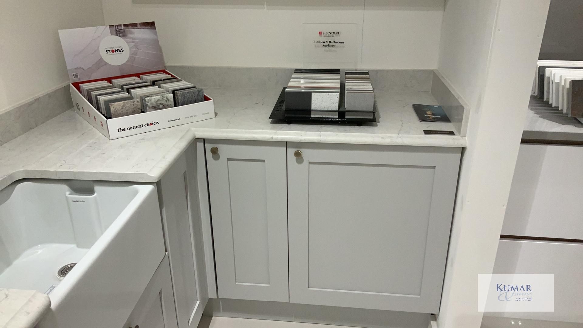 Light Grey L Shaped Display Kitchen with Quartz Worktop, Single Bowl Belfast Sink with Bronze - Image 14 of 19