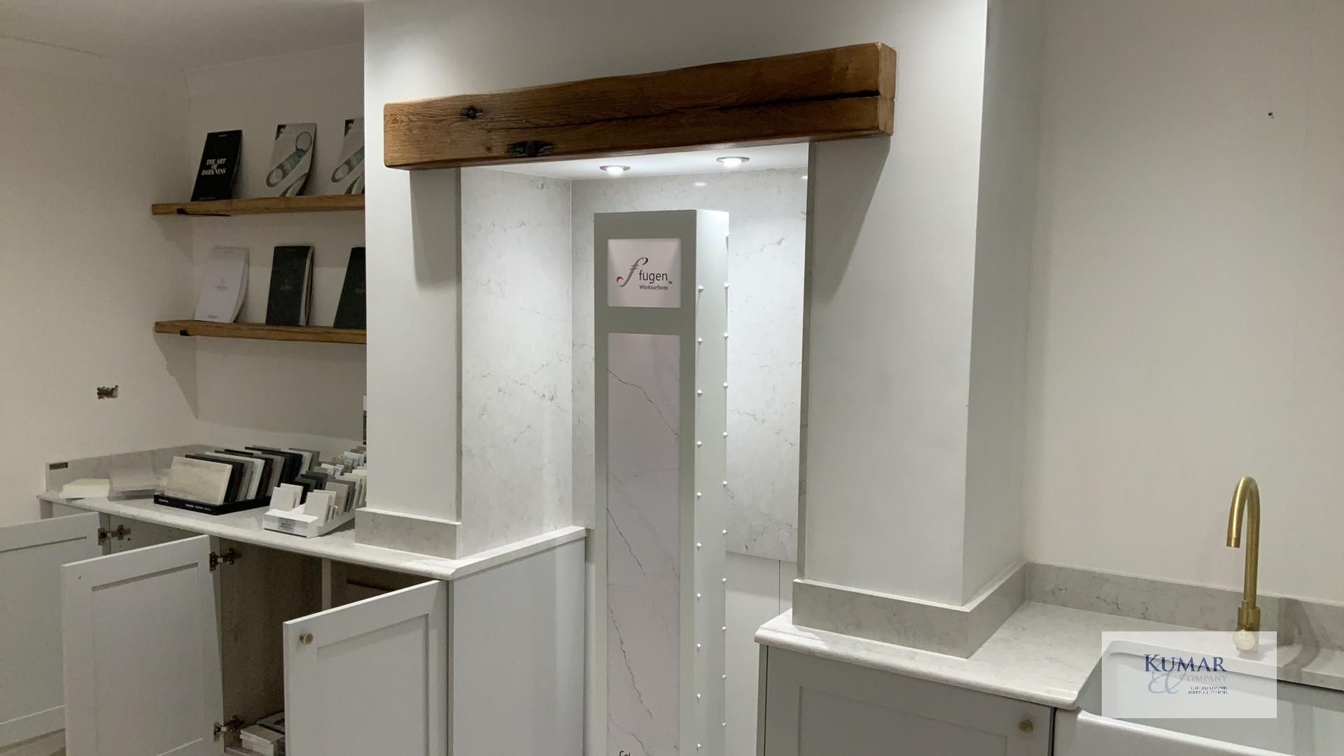 Light Grey L Shaped Display Kitchen with Quartz Worktop, Single Bowl Belfast Sink with Bronze - Image 19 of 19