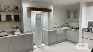 Light Grey L Shaped Display Kitchen with Quartz Worktop, Single Bowl Belfast Sink with Bronze